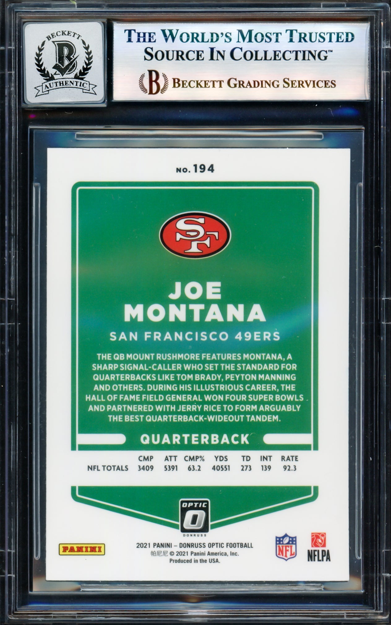 Joe Montana Autographed 2021 Donruss Optic Card #194 San Francisco 49ers Auto Grade Gem Mint 10 Beckett BAS #17604671
