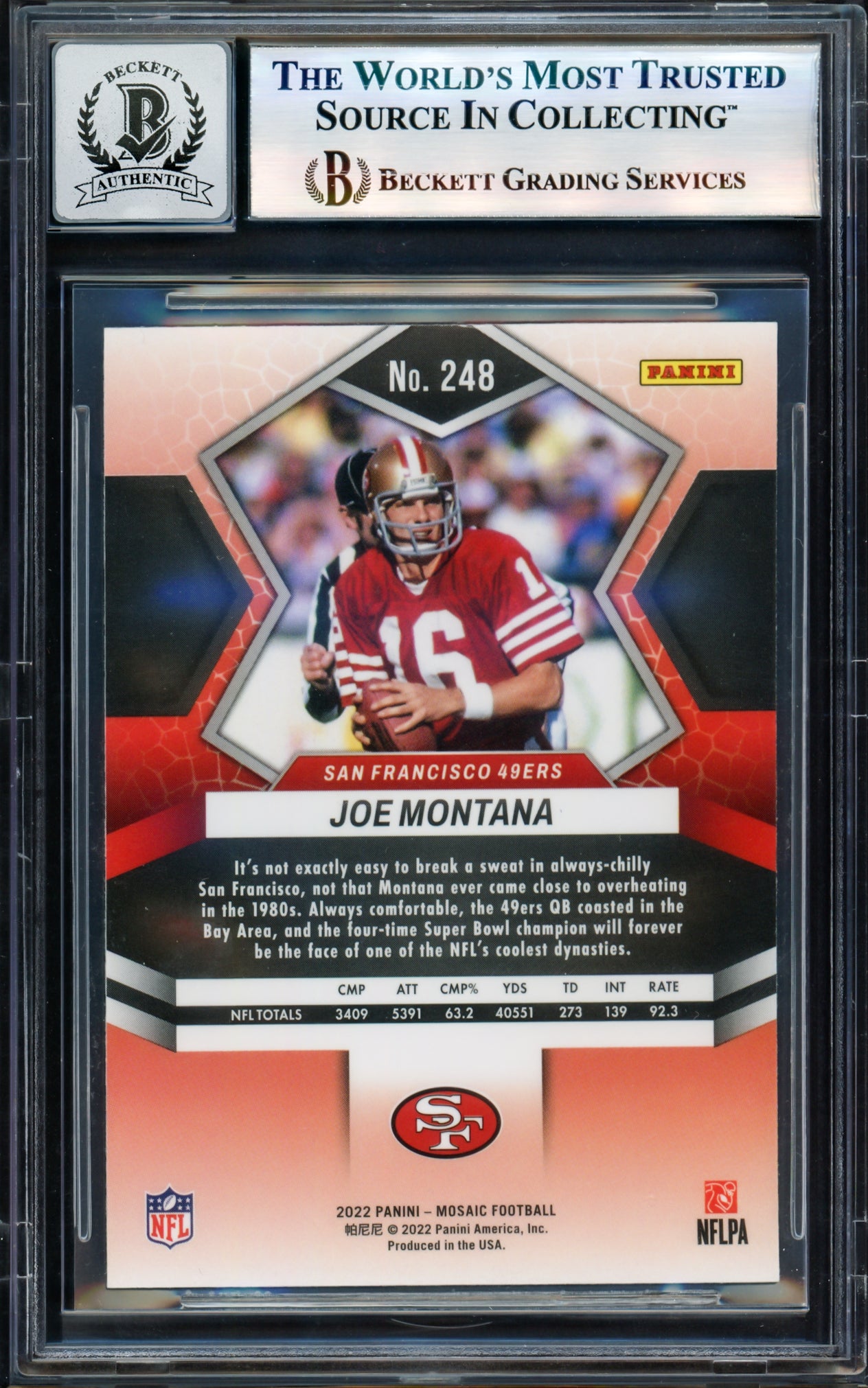 Joe Montana Autographed 2022 Panini Mosaic Card #248 San Francisco 49ers Auto Grade Gem Mint 10 Beckett BAS #17604748