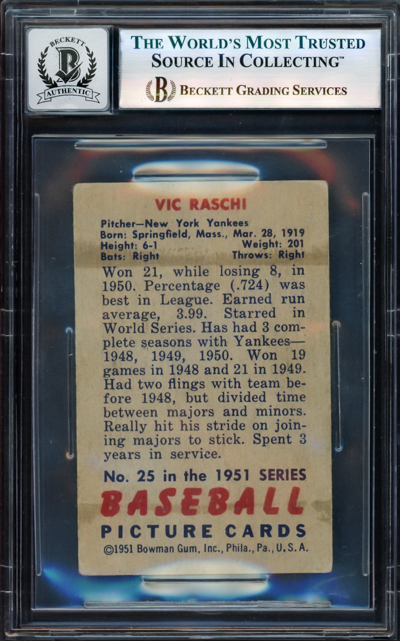 Vic Raschi Autographed 1951 Bowman Rookie Card #25 New York Yankees Auto Grade Gem Mint 10 Beckett BAS #17606416