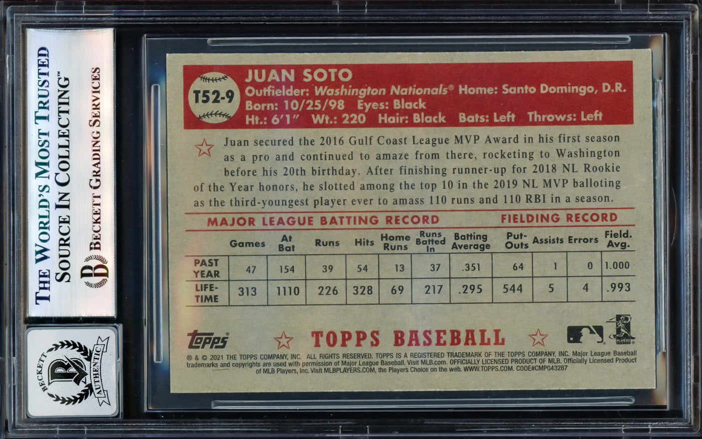 Juan Soto Autographed 2021 Topps 1952 Redux Card #T52-9 Washington Nationals Auto Grade Gem Mint 10 Beckett BAS #17604943