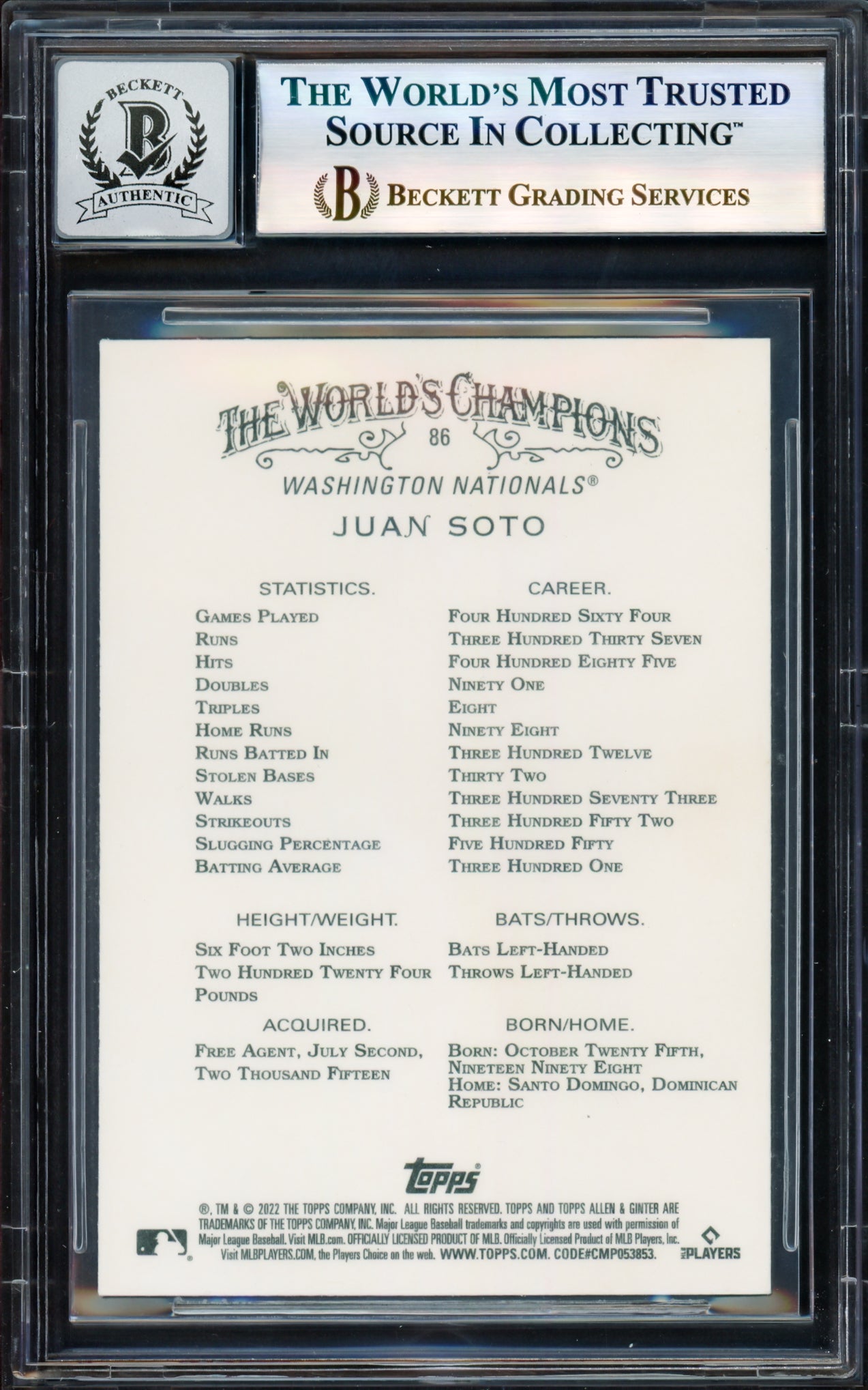 Juan Soto Autographed 2022 Topps Allen & Ginter Card #86 Washington Nationals Auto Grade Gem Mint 10 Beckett BAS #17604946
