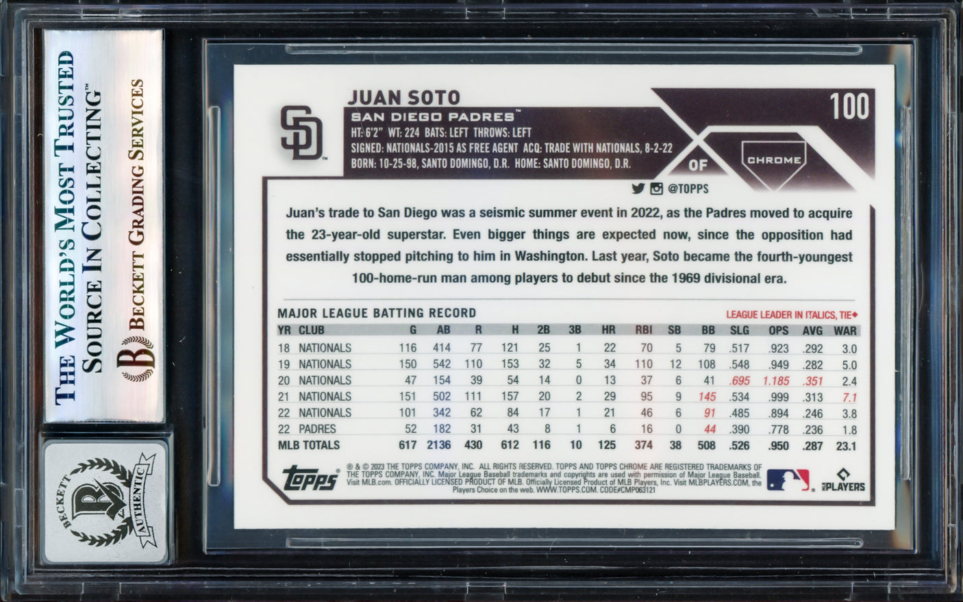 Juan Soto Autographed 2023 Topps Chrome Card #100 San Diego Padres Auto Grade Gem Mint 10 Beckett BAS #17604025