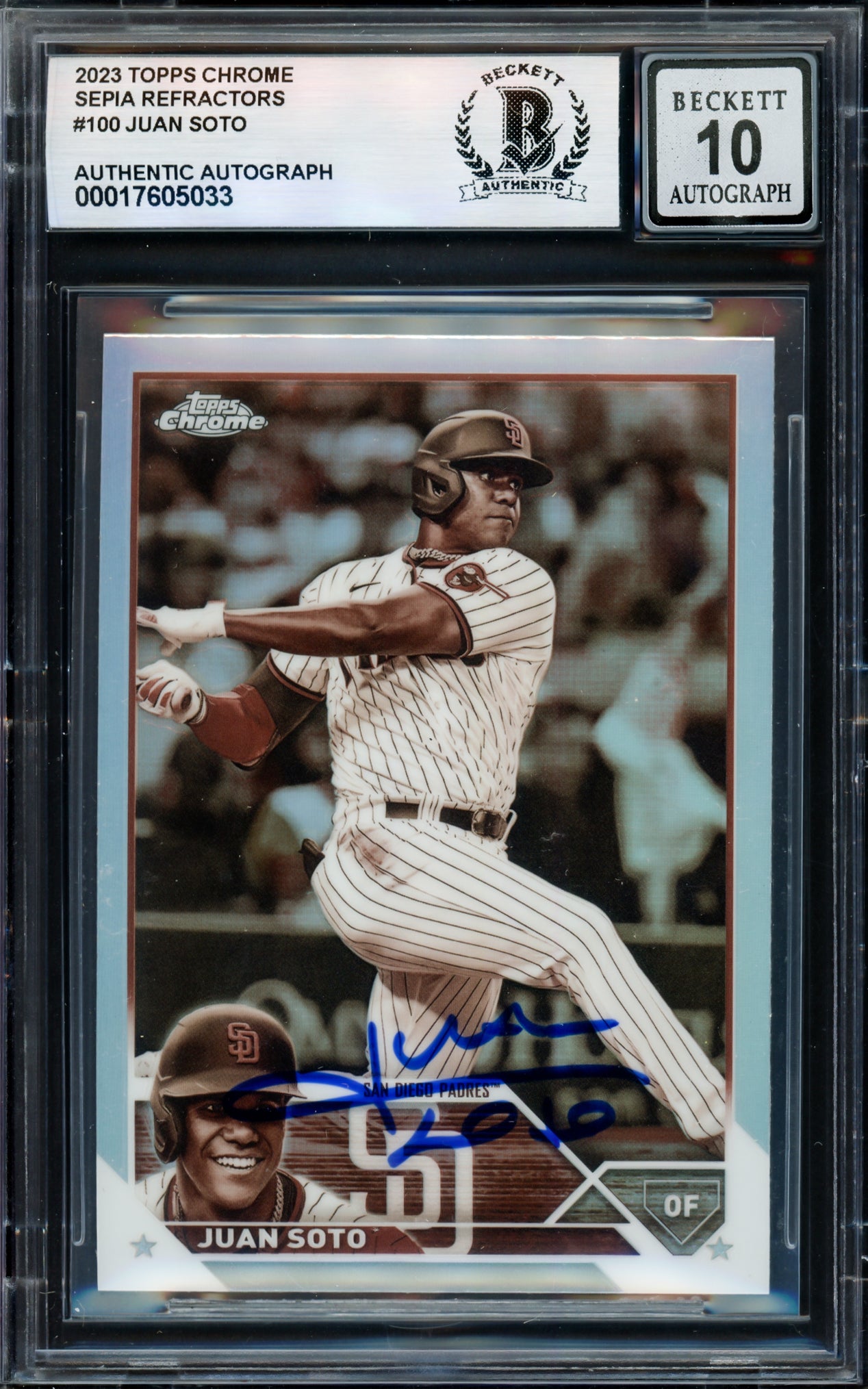 Juan Soto Autographed 2023 Topps Chrome Sepia Refractor Card #100 San Diego Padres Auto Grade Gem Mint 10 Beckett BAS #17605033