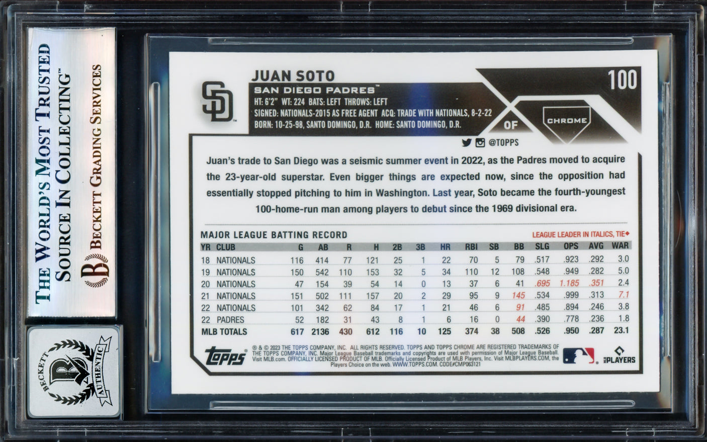 Juan Soto Autographed 2023 Topps Chrome Prism Refractor Card #100 San Diego Padres Auto Grade Gem Mint 10 Beckett BAS #17605041