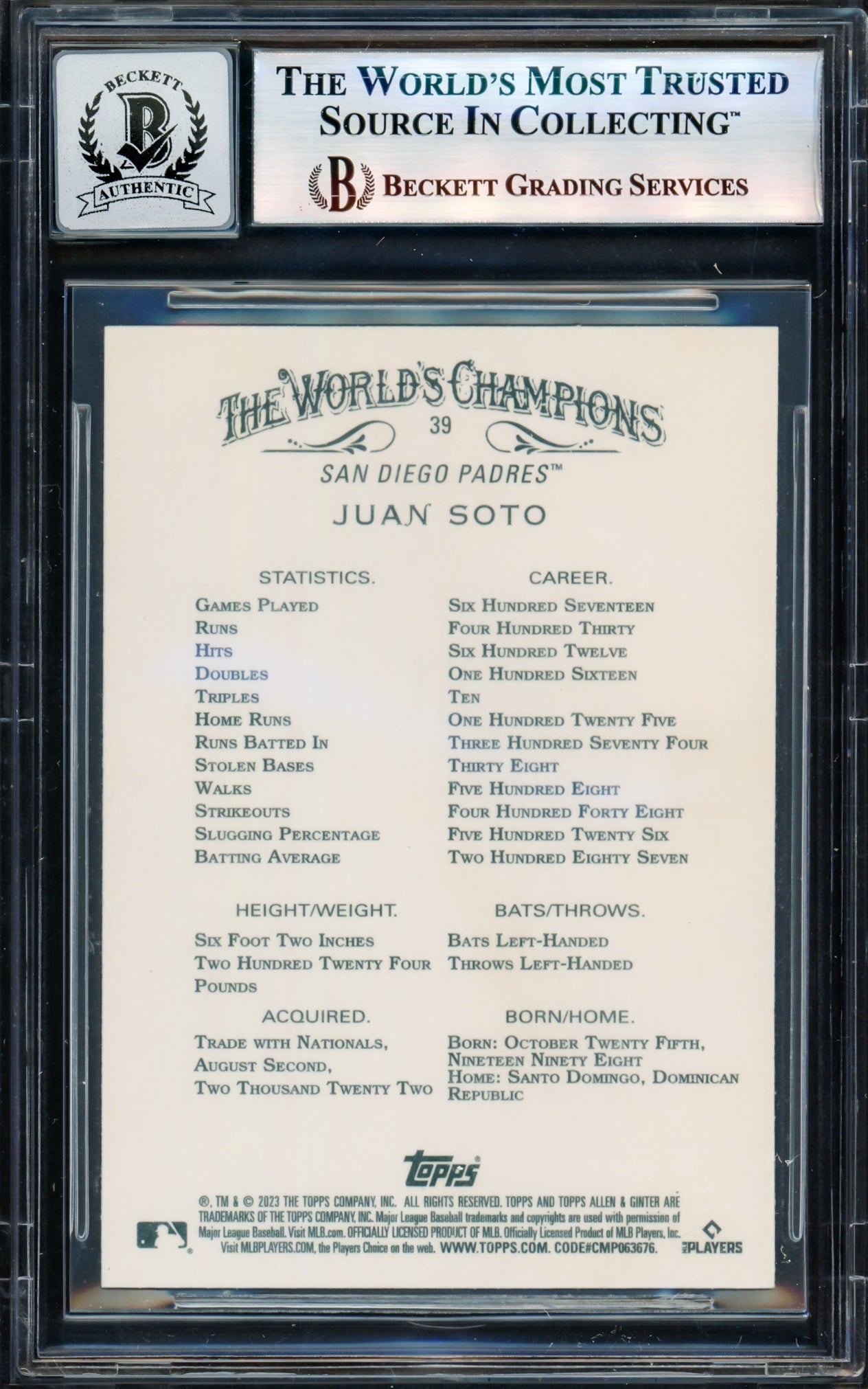 Juan Soto Autographed 2023 Topps Allen & Ginter Card #39 San Diego Padres Auto Grade Gem Mint 10 Beckett BAS #17605268