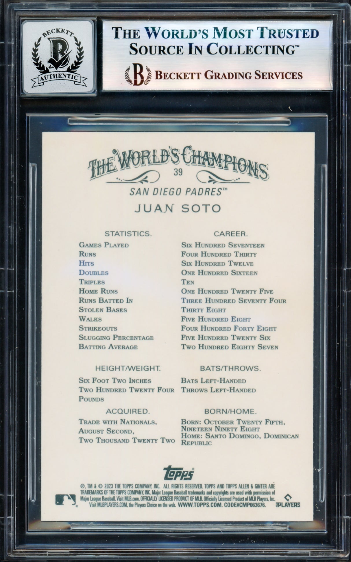 Juan Soto Autographed 2023 Topps Allen & Ginter Card #39 San Diego Padres Auto Grade Gem Mint 10 Beckett BAS #17605268