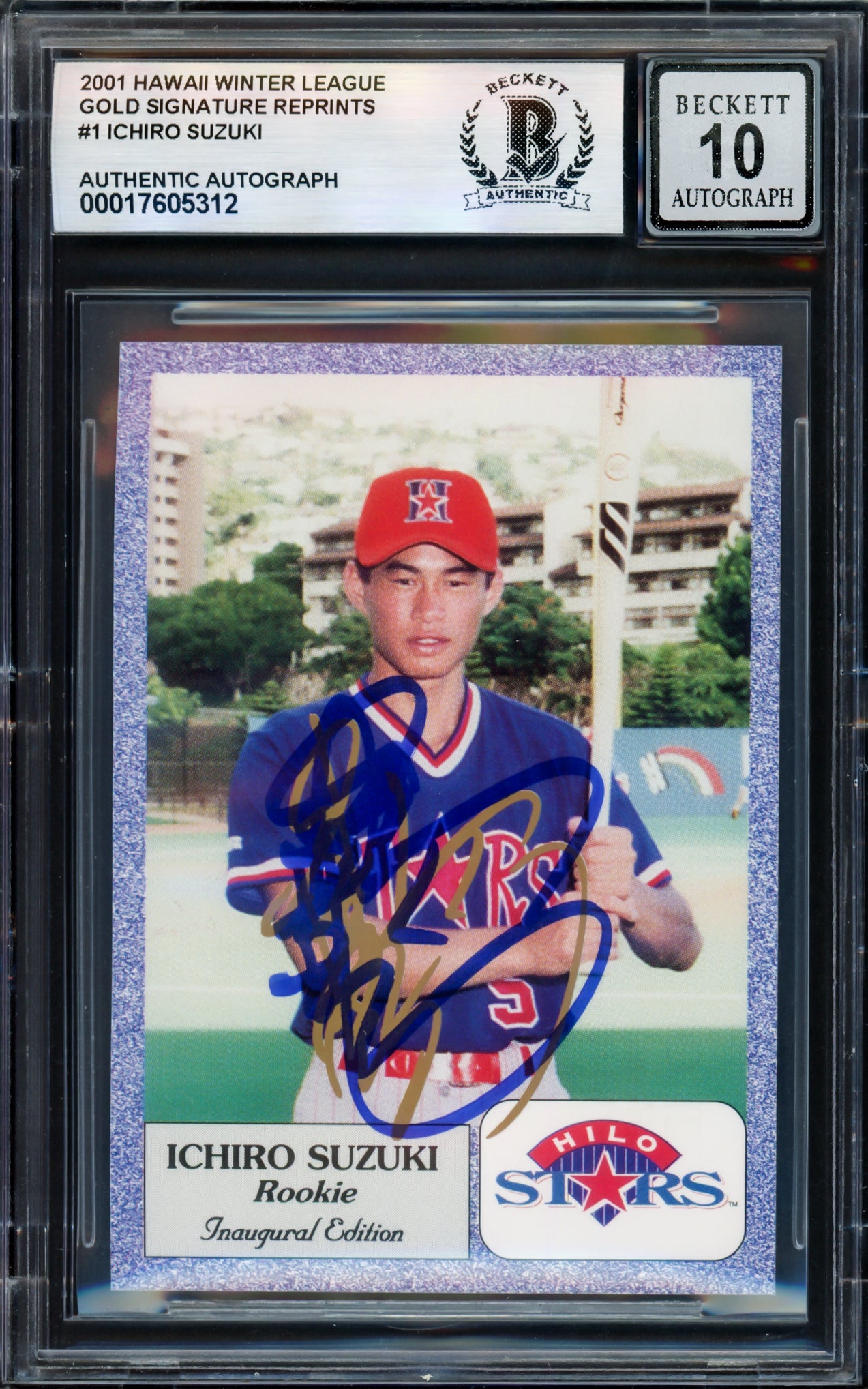 Ichiro Suzuki Autographed 2001 1993 Hilo Stars Gold Sig Reproduction Card #1 Hilo Stars Auto Grade Gem Mint 10 (Signed in Kanji) Beckett BAS #17605312
