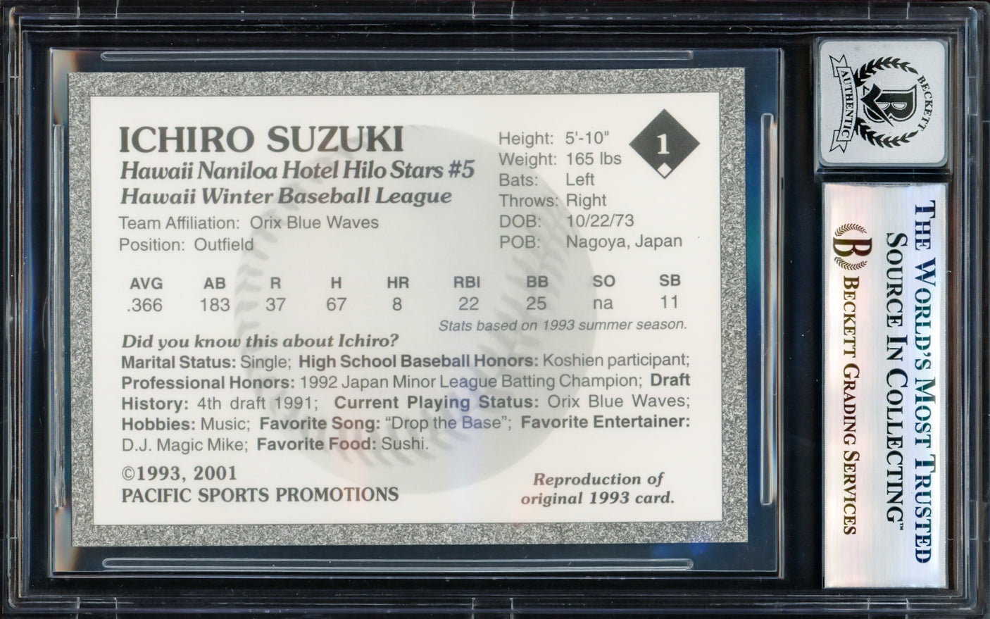 Ichiro Suzuki Autographed 2001 1993 Hilo Stars Gold Sig Reproduction Card #1 Hilo Stars Auto Grade Gem Mint 10 (Signed in Kanji) Beckett BAS #17605312