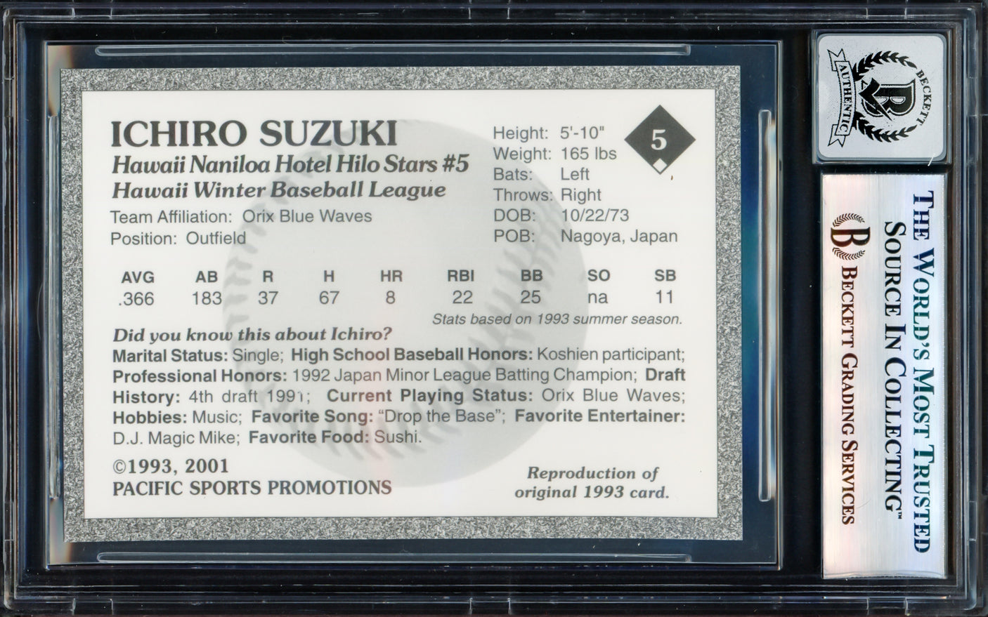 Ichiro Suzuki Autographed 2001 1993 Hilo Stars Gold Sig Reproduction Card #5 Hilo Stars Auto Grade Gem Mint 10 (Signed in Kanji) Beckett BAS #17605320
