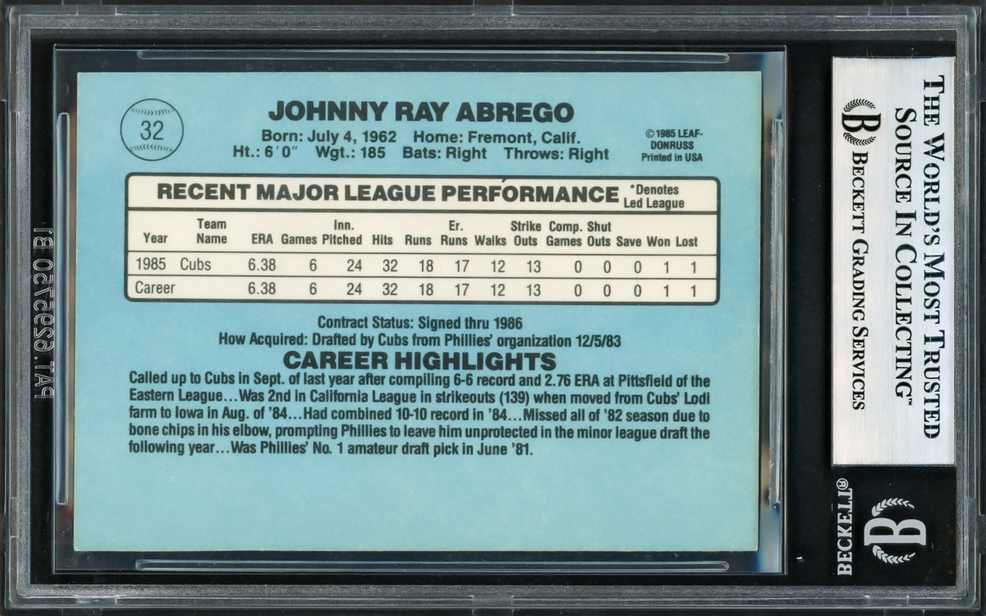 Johnny Abrego Autographed 1986 Donruss Rookie Card #32 Chicago Cubs Beckett BAS #17605662
