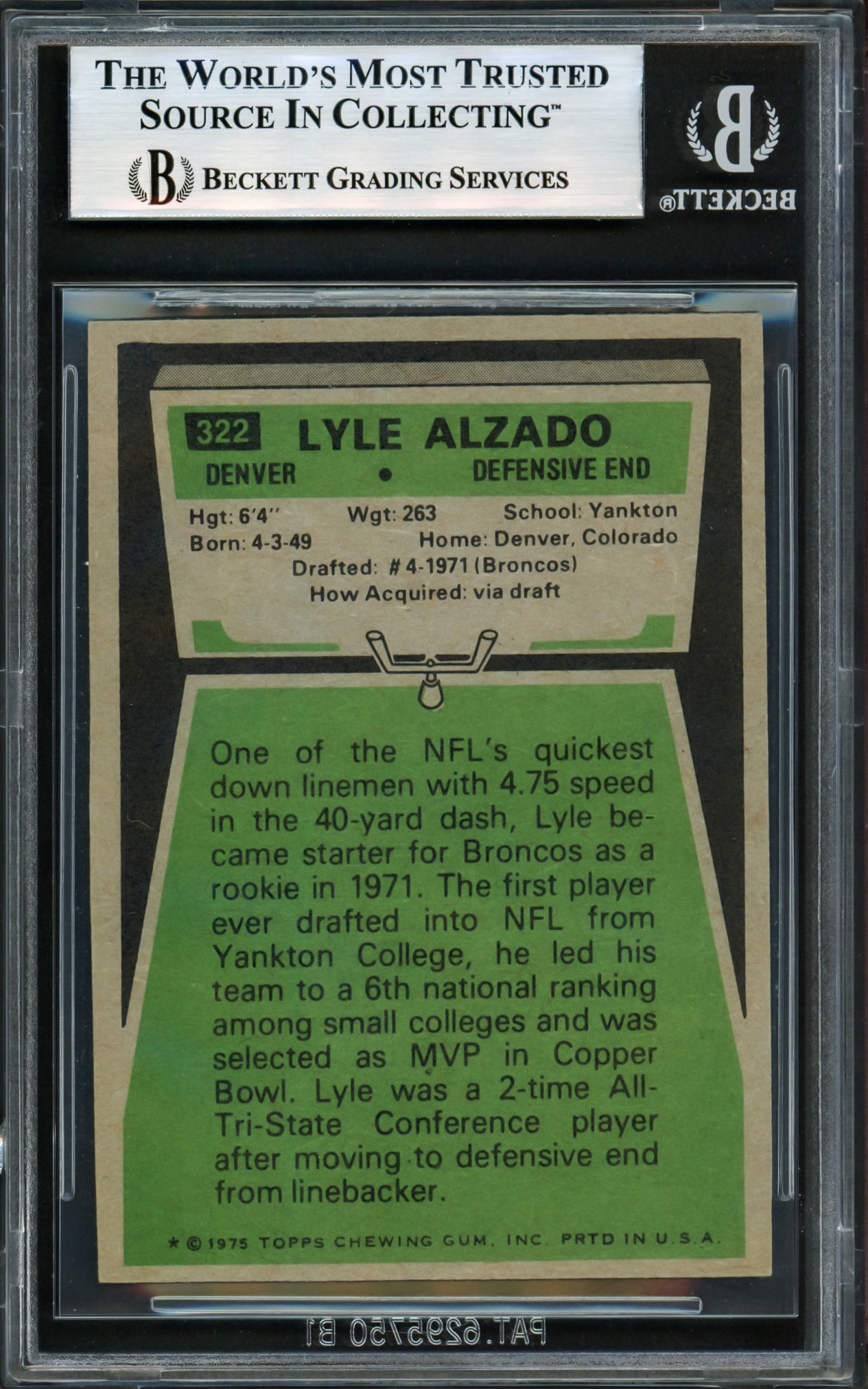 Lyle Alzado Autographed 1975 Topps Card #322 Denver Broncos Beckett BAS #17605670