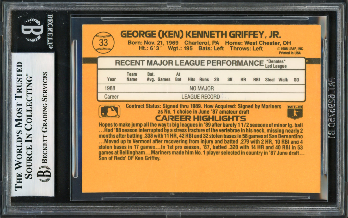 Ken Griffey Jr. Autographed 1989 Donruss Rookie Card #33 Seattle Mariners Vintage Rookie Signature Beckett BAS #17605815