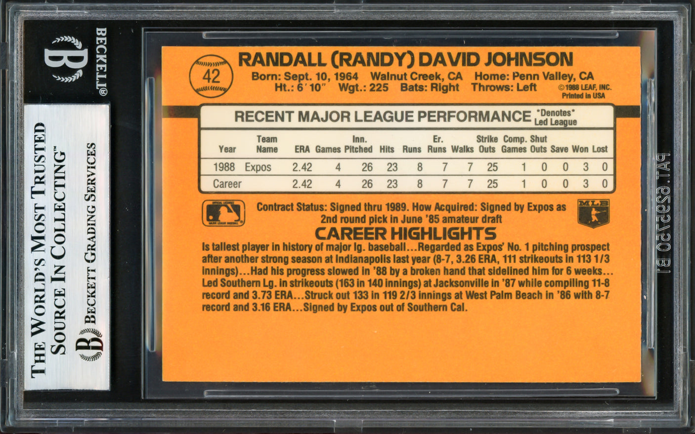 Randy Johnson Autographed 1989 Donruss Rookie Card #42 Montreal Expos Vintage Rookie Signature Beckett BAS #17605959