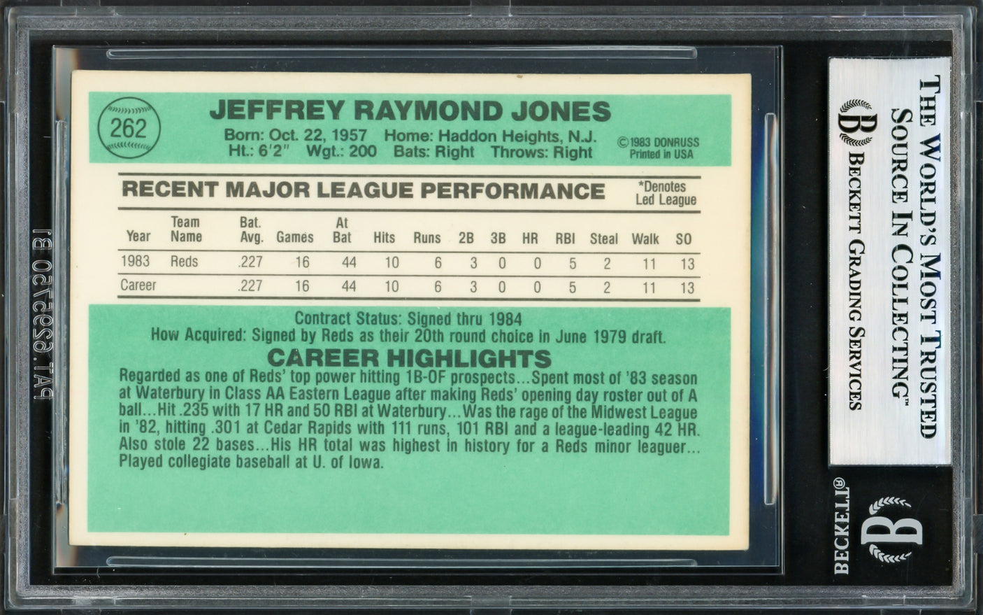 Jeff Jones Autographed 1984 Donruss Rookie Card #262 Cincinnati Reds Beckett BAS #17605964