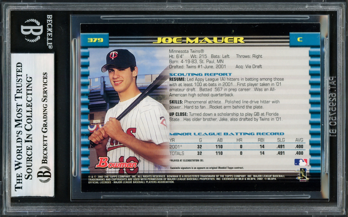 Joe Mauer Autographed 2002 Bowman Rookie Card #379 Minnesota Twins Vintage Rookie Signature Beckett BAS #17606056