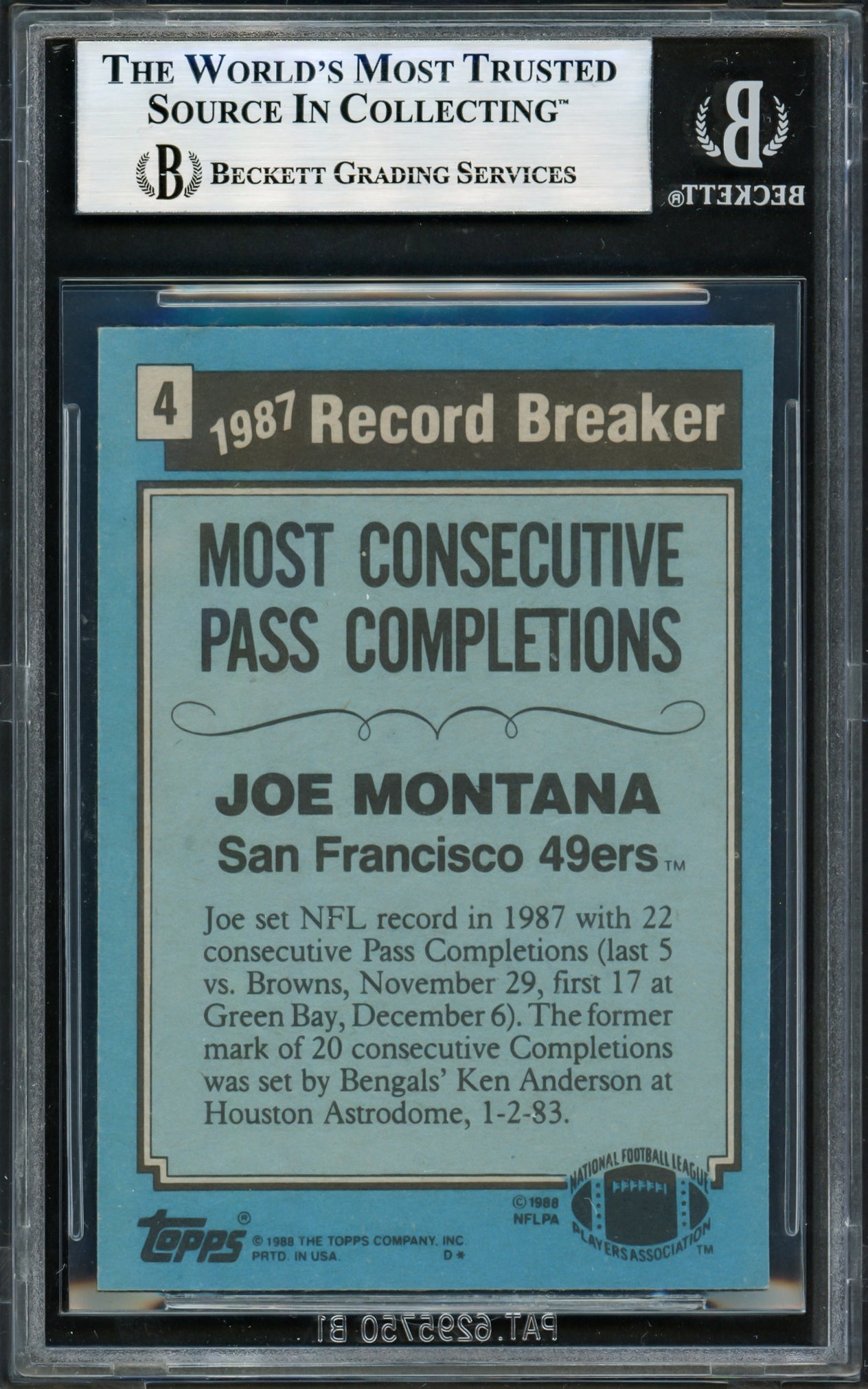 Joe Montana Autographed 1988 Topps Card #4 San Francisco 49ers Beckett BAS #17606120