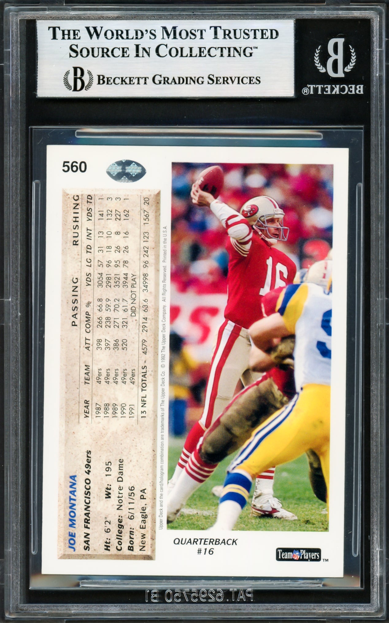 Joe Montana Autographed 1992 Upper Deck Card #560 San Francisco 49ers Beckett BAS #17606150