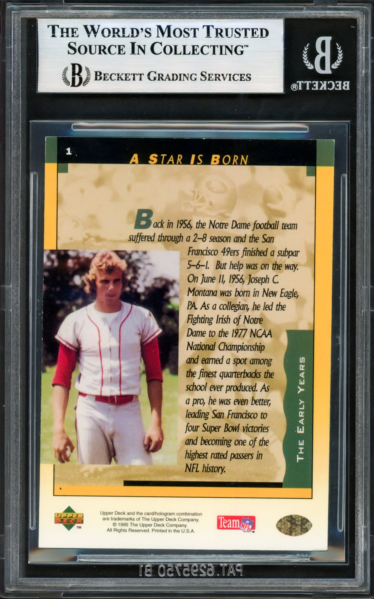 Joe Montana Autographed 1995 Upper Deck Card #1 San Francisco 49ers Beckett BAS #17606176