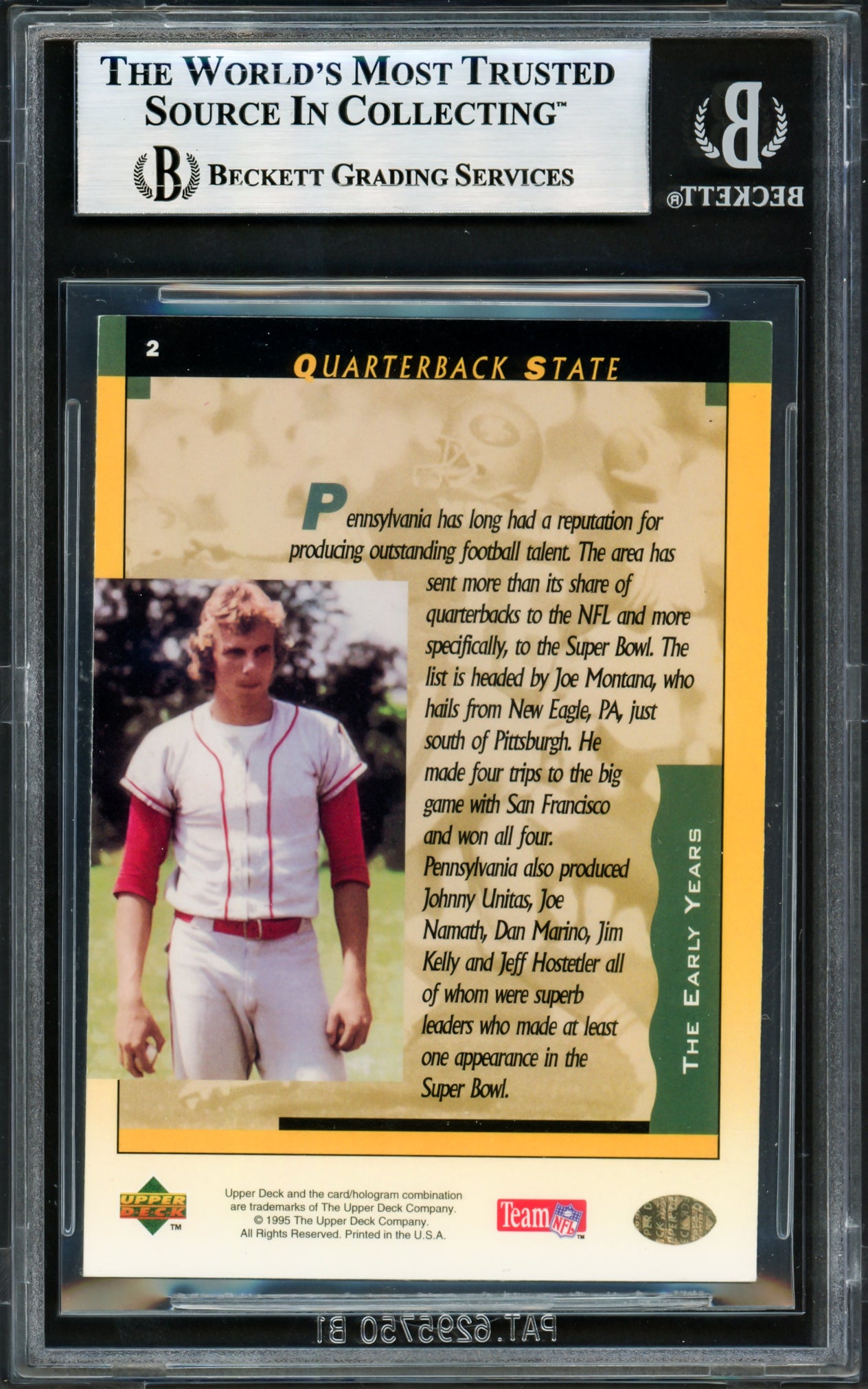 Joe Montana Autographed 1995 Upper Deck Card #2 San Francisco 49ers Beckett BAS #17606185