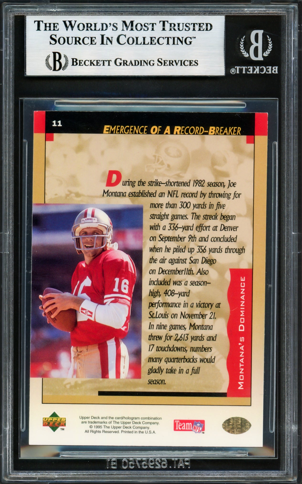 Joe Montana Autographed 1995 Upper Deck Card #11 San Francisco 49ers Beckett BAS #17606193