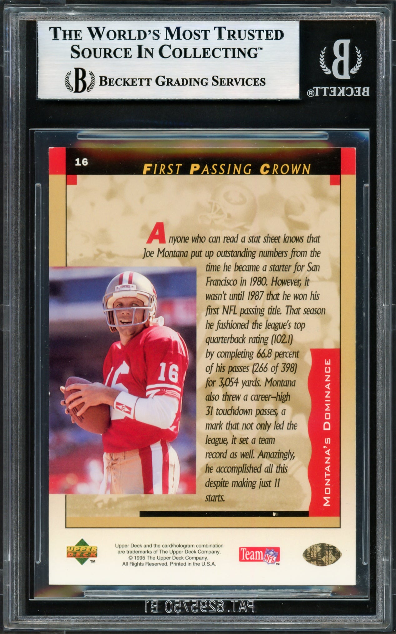 Joe Montana Autographed 1995 Upper Deck Card #16 San Francisco 49ers Beckett BAS #17606241