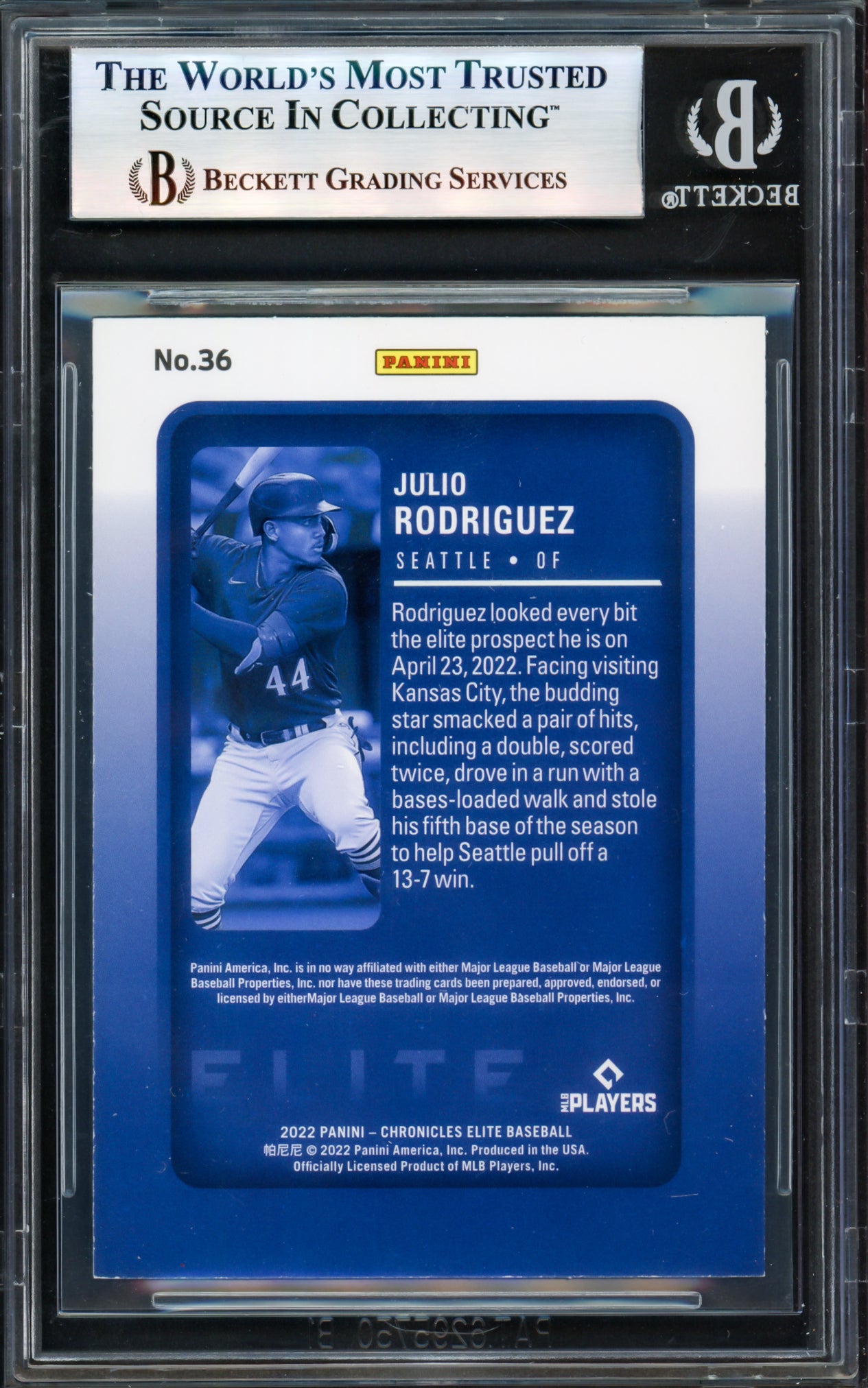 Julio Rodriguez Autographed 2022 Panini Chronicles Elite Rookie Card #36 Seattle Mariners Beckett BAS #17607946