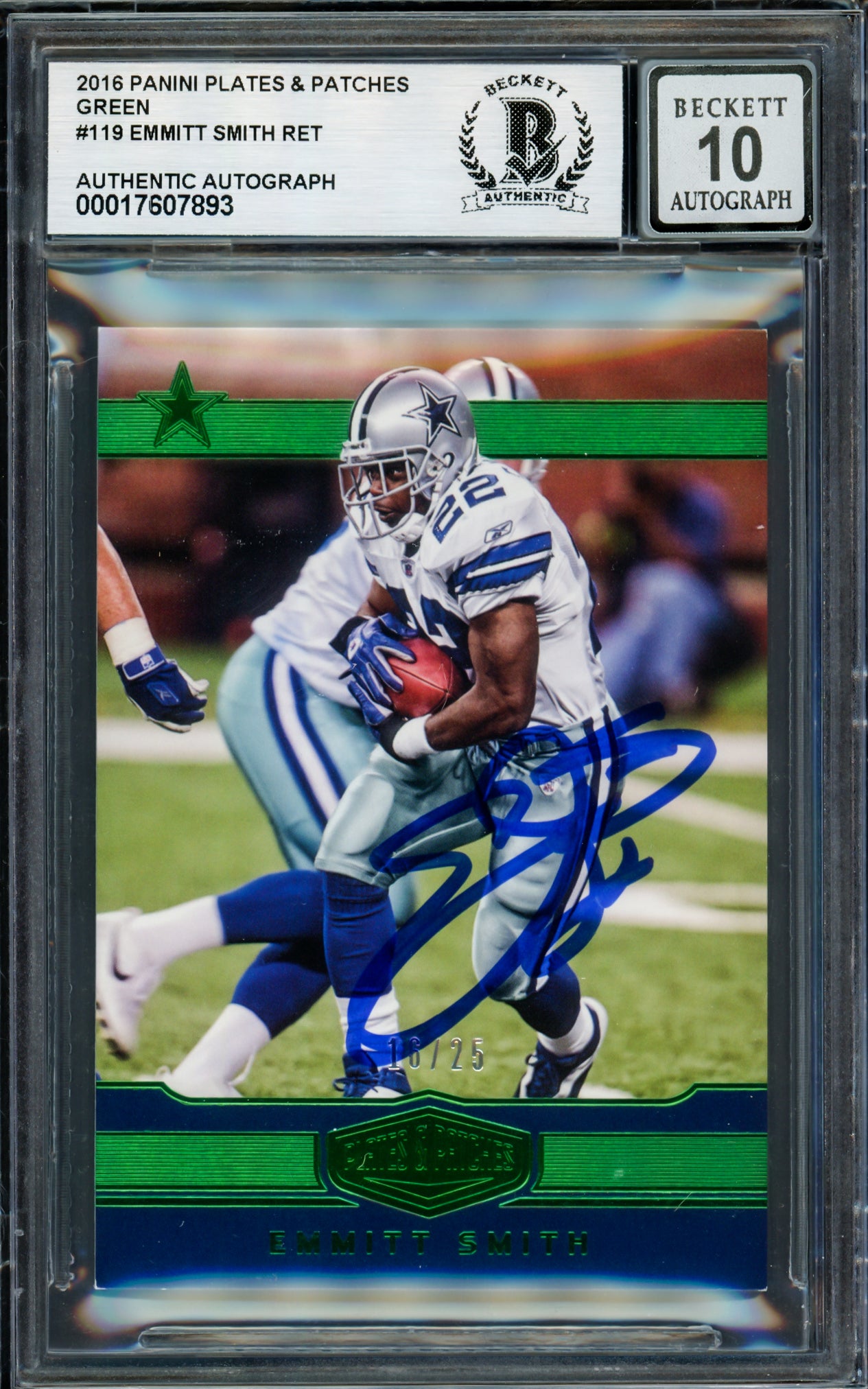 Emmitt Smith Autographed 2016 Panini Plates & Patches Green Card #119 Dallas Cowboys Auto Grade Gem Mint 10 #16/25 Beckett BAS #17607893