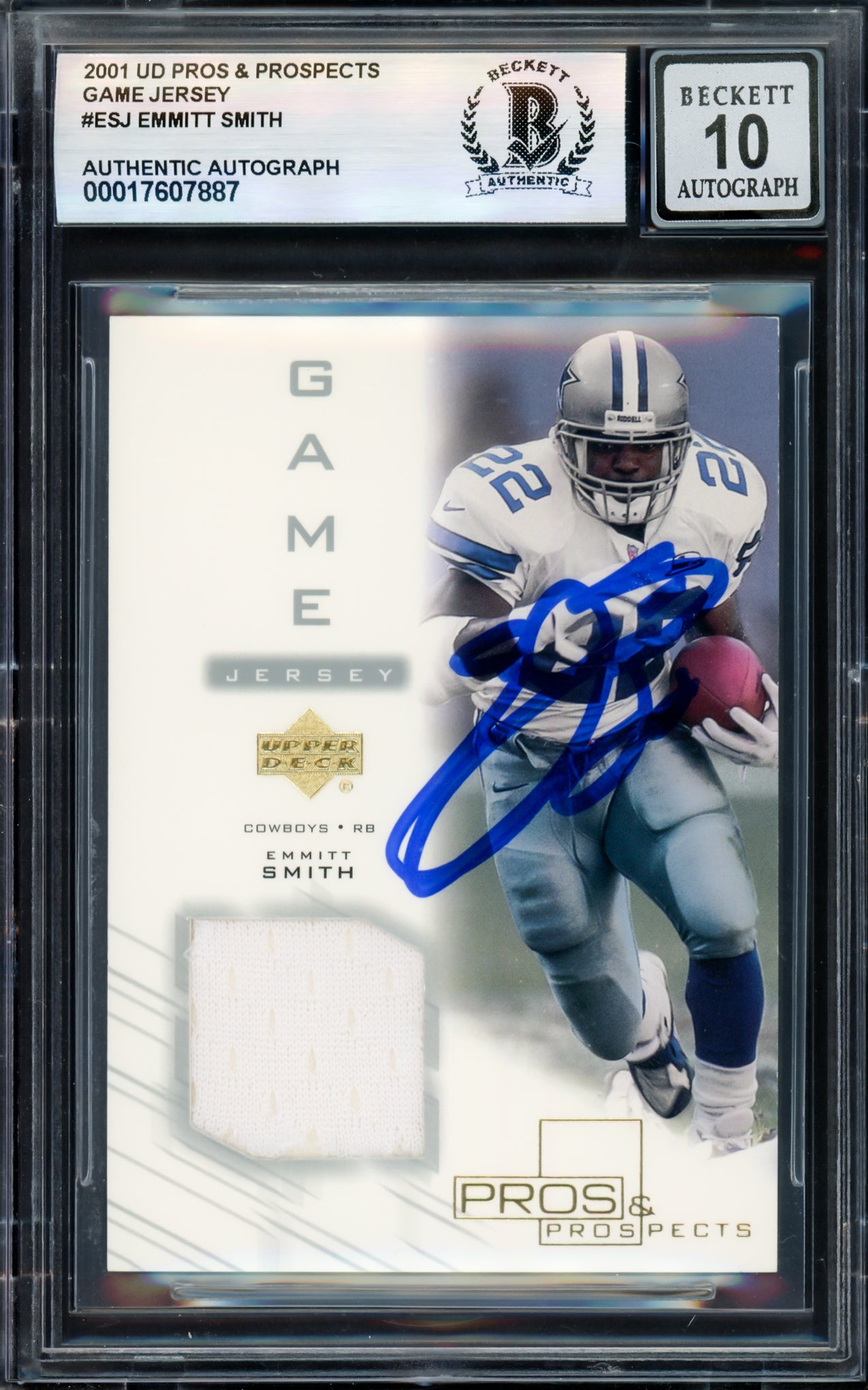 Emmitt Smith Autographed 2001 UD Pros & Prospects Game Jersey Card #ESJ Dallas Cowboys Auto Grade Gem Mint 10 Game Used Jersey Patch Beckett BAS #17607887