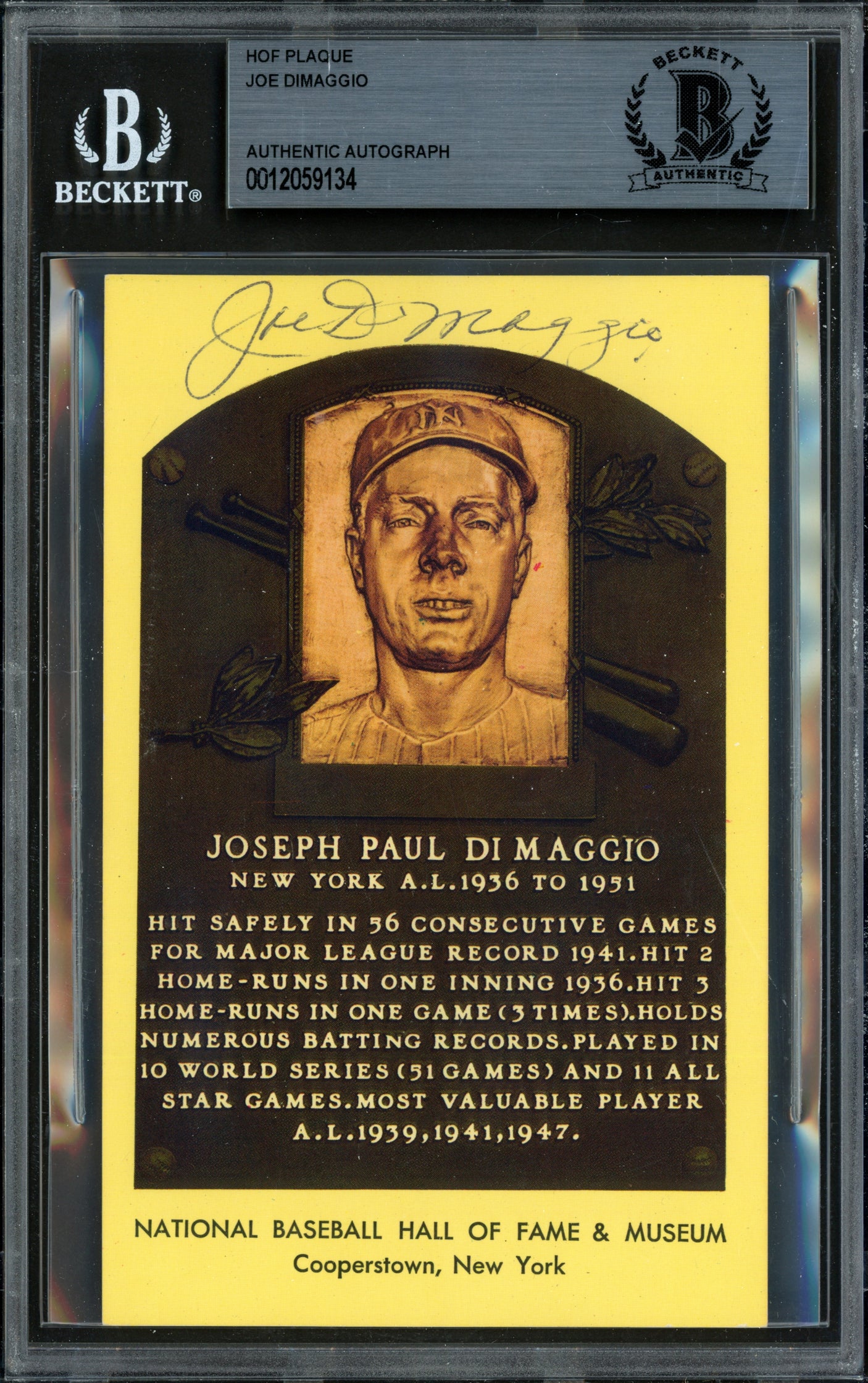 Joe DiMaggio Autographed Hall of Fame HOF Plaque Postcard New York Yankees Beckett BAS #12059134
