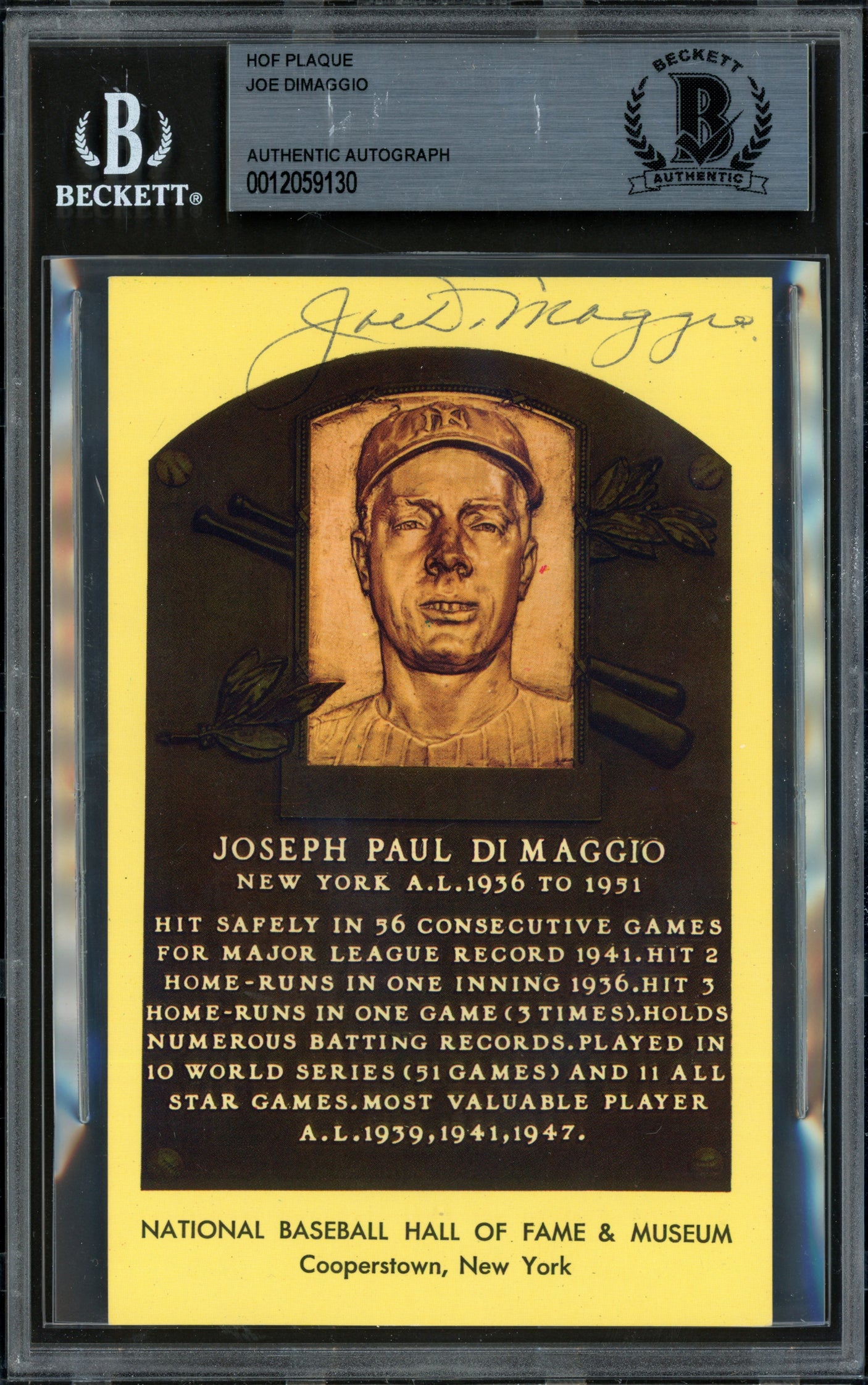 Joe DiMaggio Autographed Hall of Fame HOF Plaque Postcard New York Yankees Beckett BAS #12059130