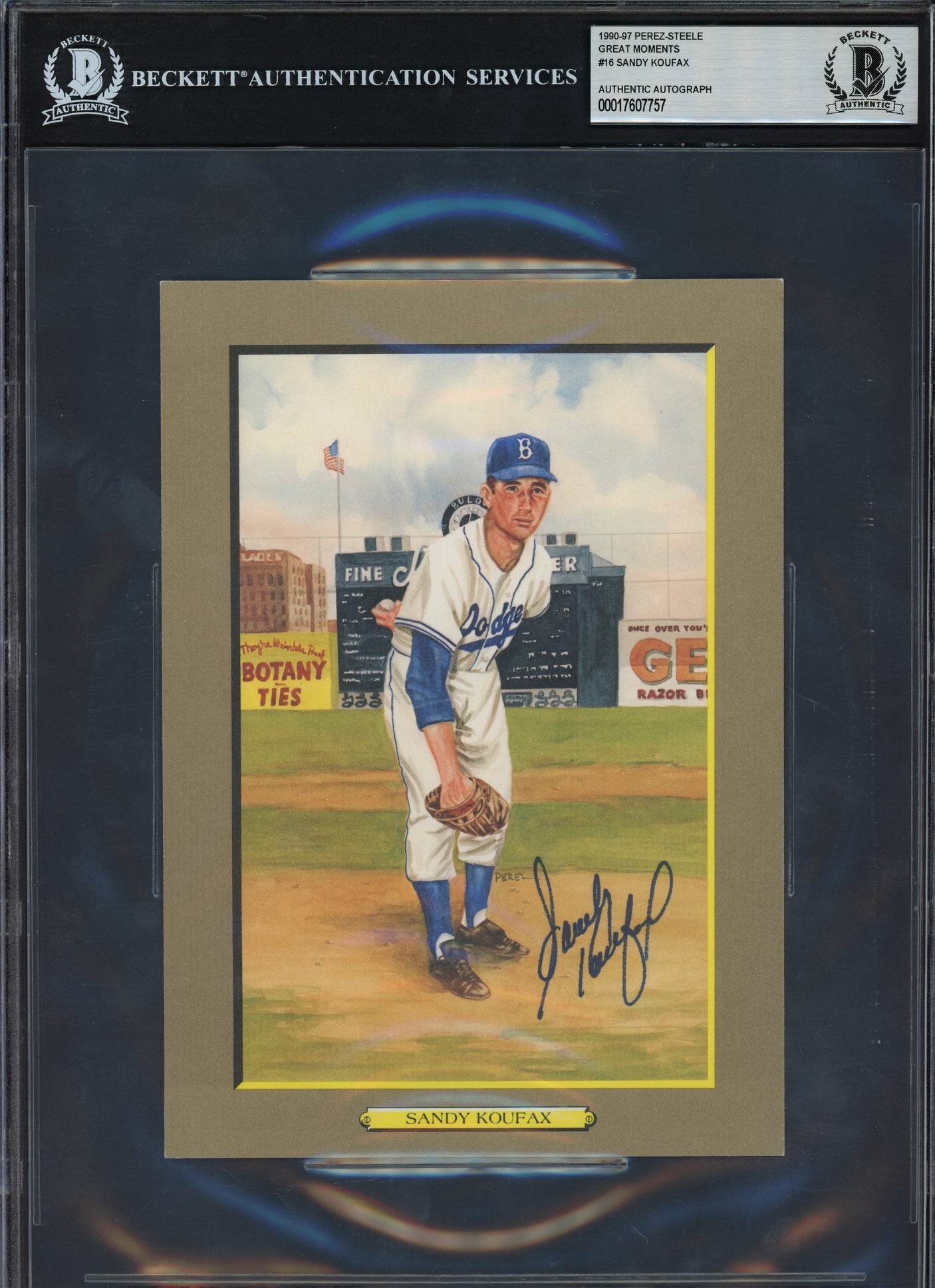 Sandy Koufax Autographed 1990-97 Perez-Steele Great Moments Postcard #16 Brooklyn Dodgers Beckett BAS #17607757