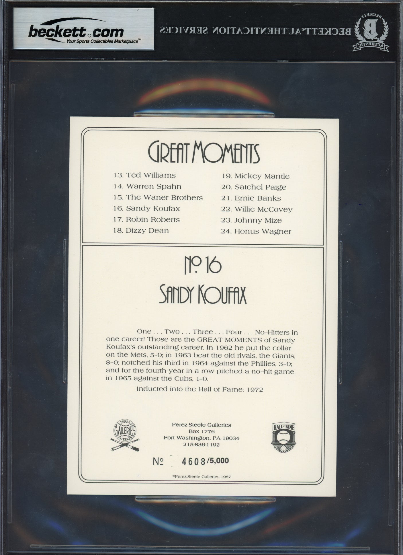 Sandy Koufax Autographed 1990-97 Perez-Steele Great Moments Postcard #16 Brooklyn Dodgers Beckett BAS #17607757