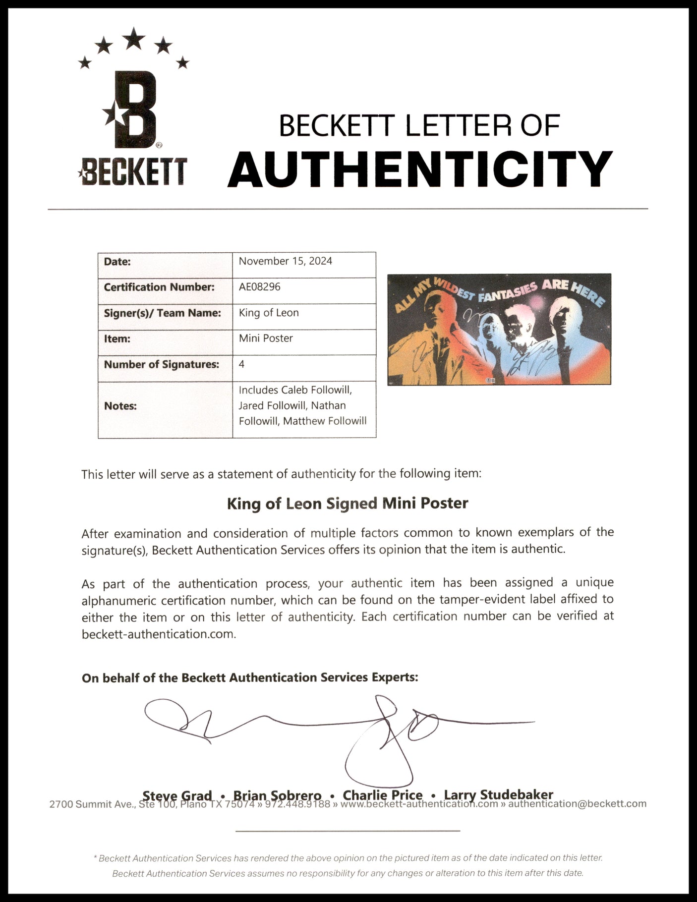 Kings of Leon Autographed 12x24 Poster Insert "All My Wildest Fantasies Are Here" Signed By All 4 Followill Band Members (With Vinyl & Record) Beckett BAS #AE08296