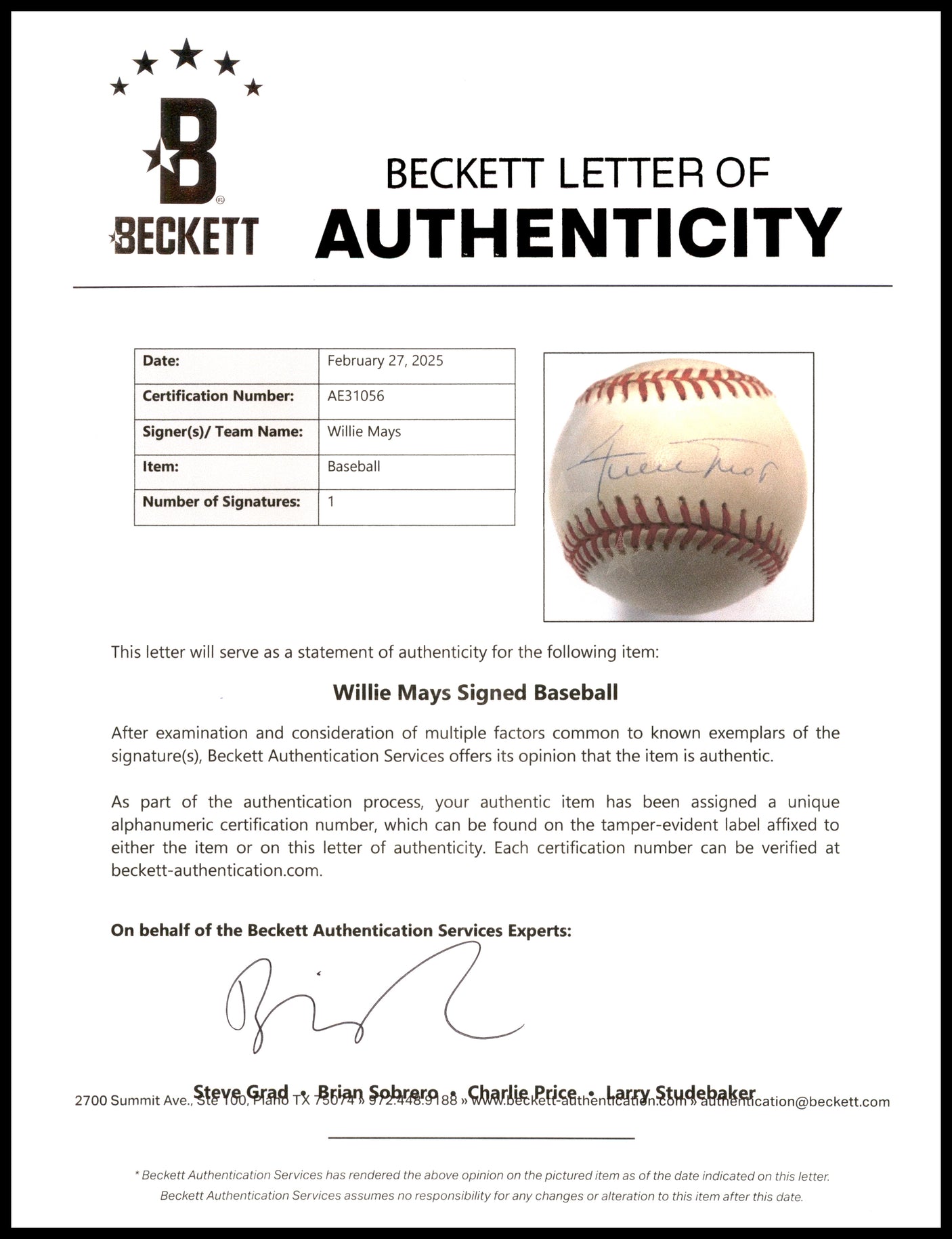 Willie Mays Autographed Official NL Baseball San Francisco Giants Beckett BAS #AE31056