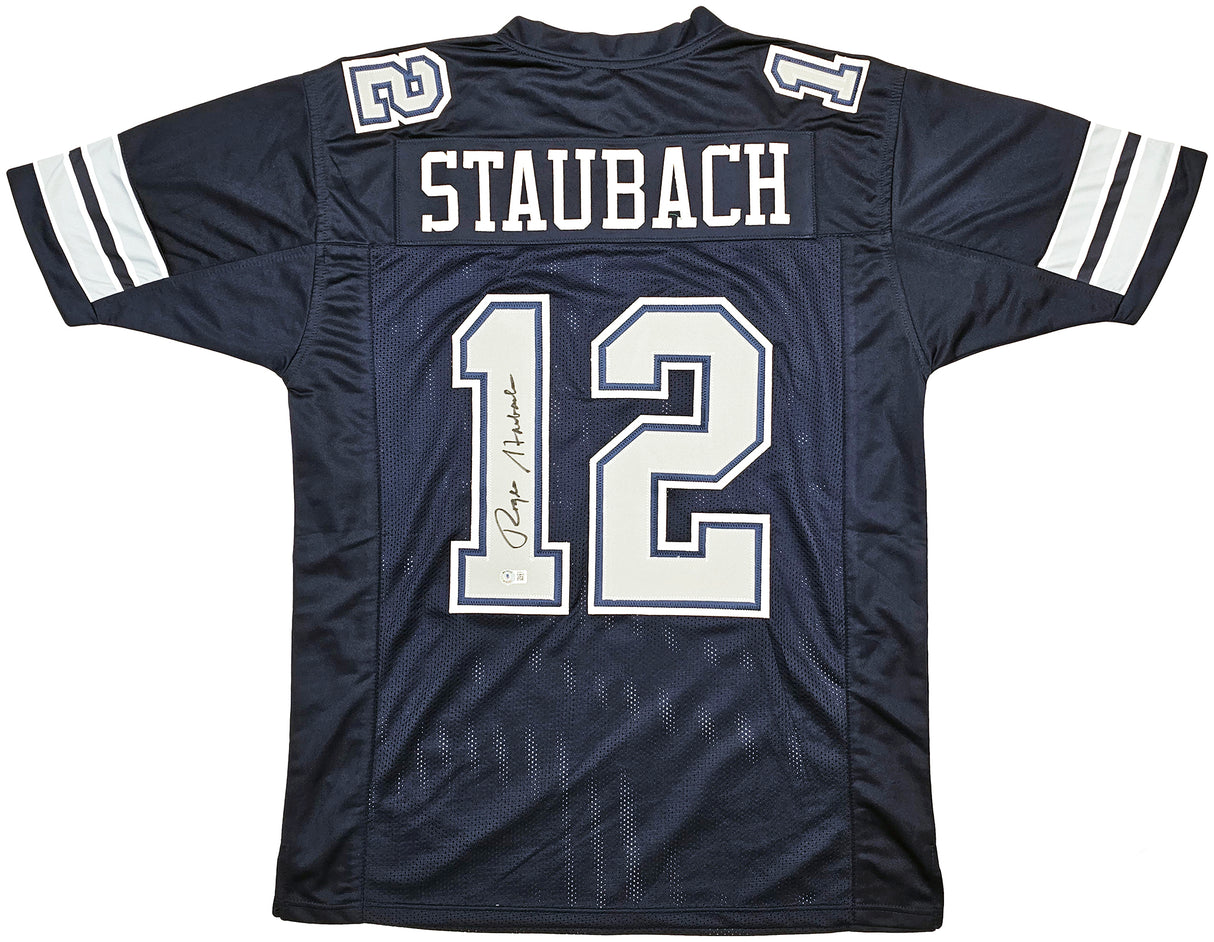 Dallas Cowboys Roger Staubach Autographed Navy Blue Jersey Beckett BAS Witness Stock #212671