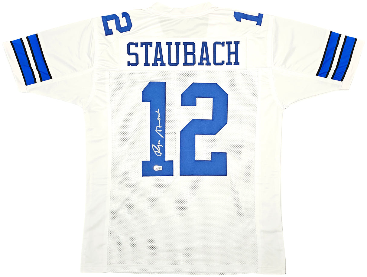 Dallas Cowboys Roger Staubach Autographed White Jersey Beckett BAS Witness Stock #212673