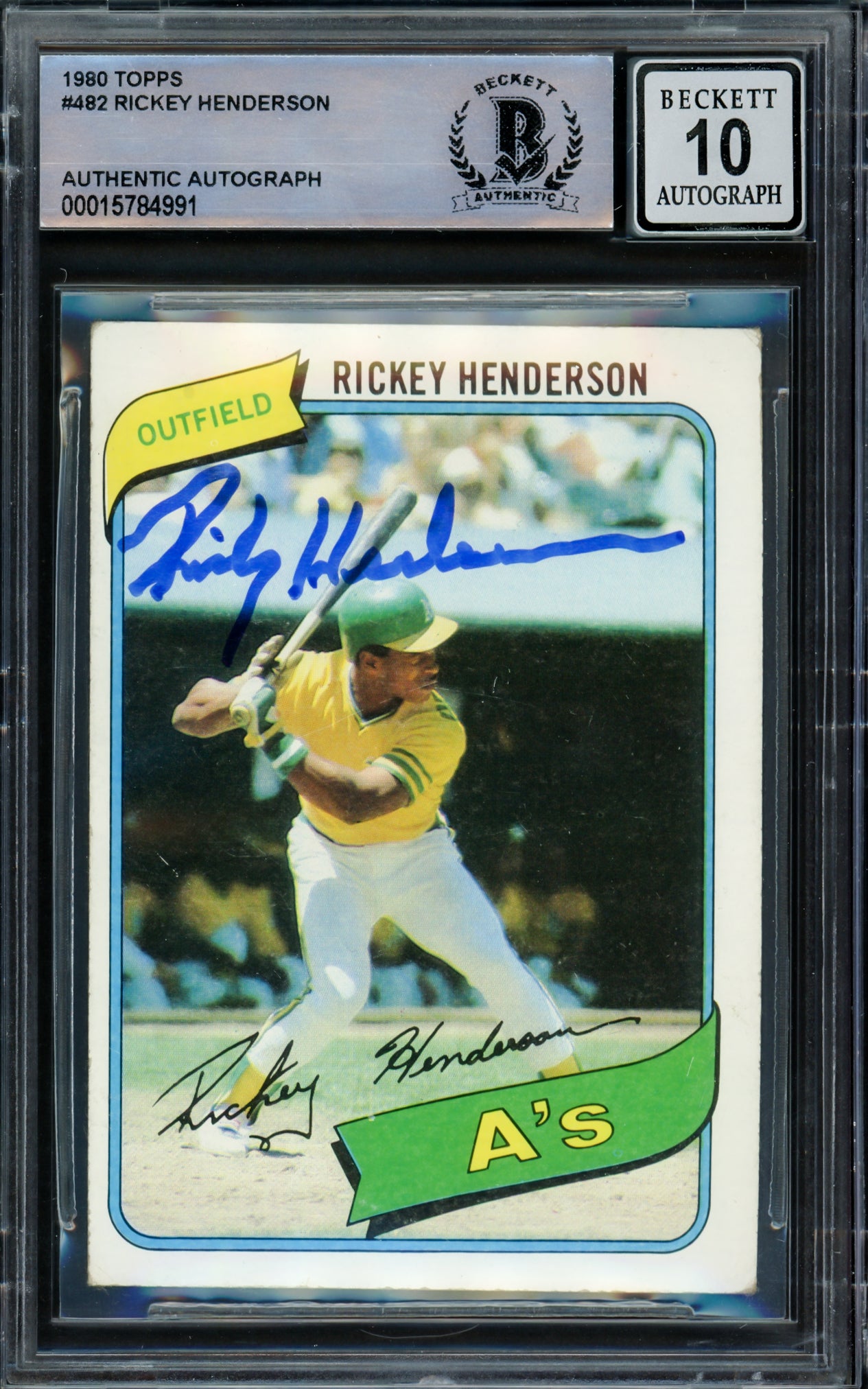 Rickey Henderson Autographed 1980 Topps Rookie Card #482 Oakland A's Auto Grade Gem Mint 10 Beckett BAS #15784991