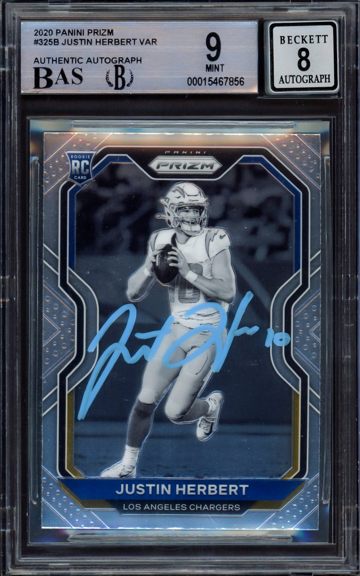 Justin Herbert Autographed 2020 Panini Prizm Variation Rookie Card #325B Los Angeles Chargers BGS 9 Auto Grade Near Mint/Mint 8 Beckett BAS #15467856