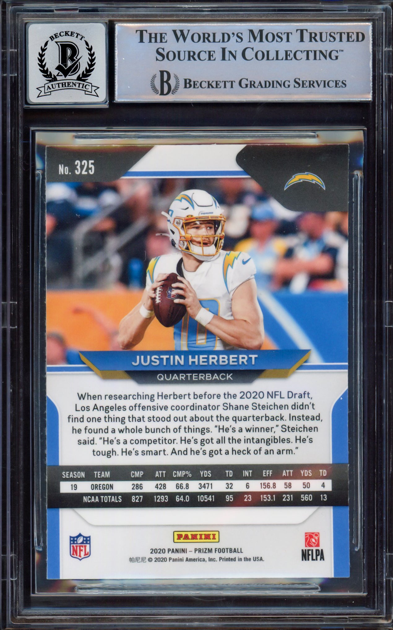 Justin Herbert Autographed 2020 Panini Prizm Variation Rookie Card #325B Los Angeles Chargers BGS 9 Auto Grade Near Mint/Mint 8 Beckett BAS #15467856