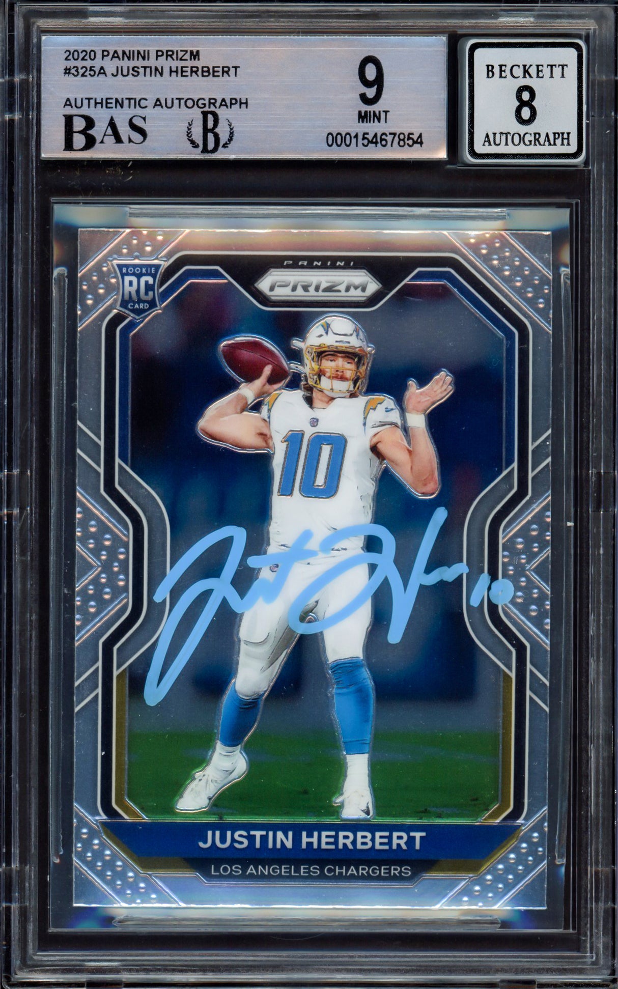 Justin Herbert Autographed 2020 Panini Prizm Rookie Card #325A Los Angeles Chargers BGS 9 Auto Grade Near Mint/Mint 8 Beckett BAS #15467854