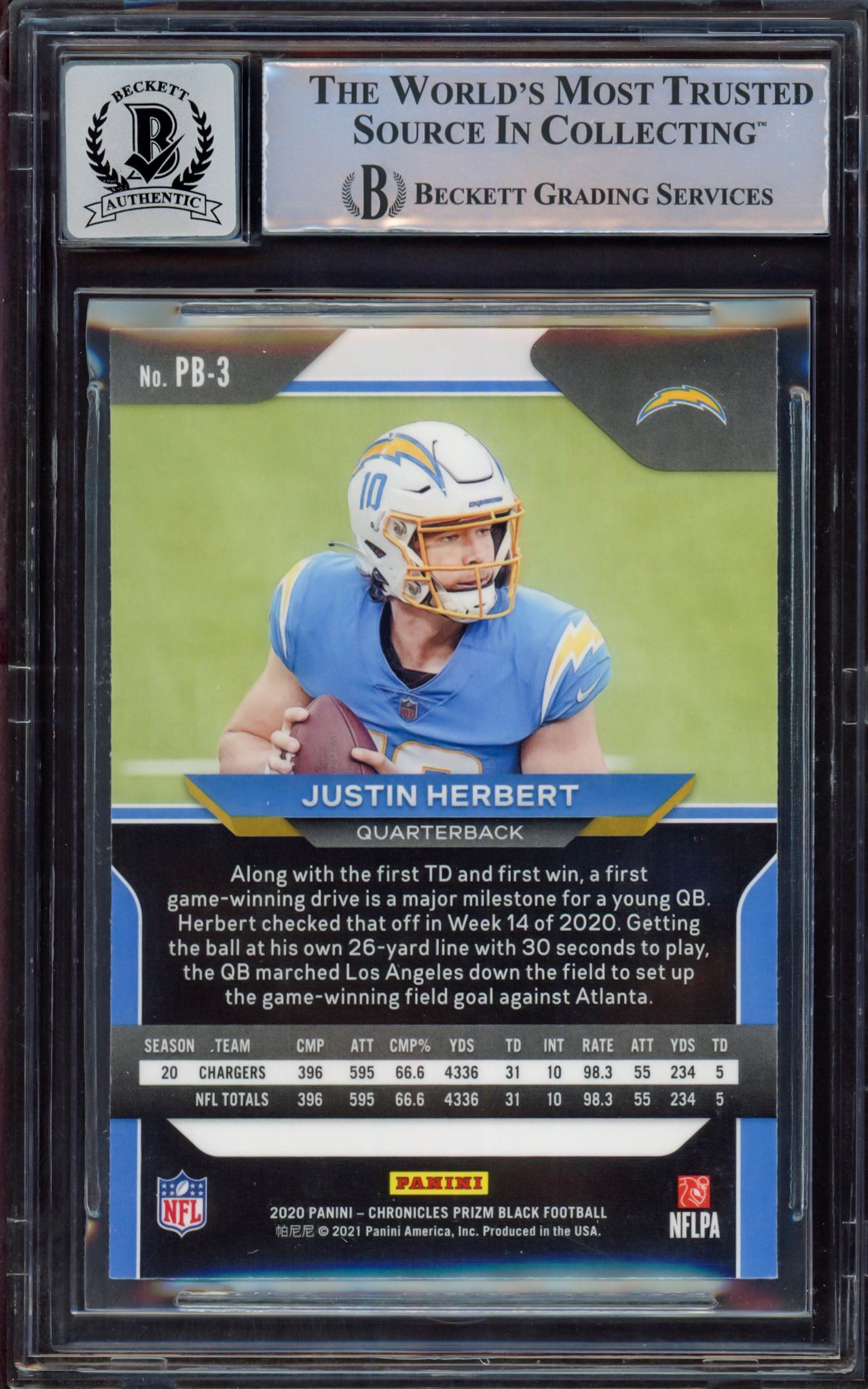 Justin Herbert Autographed 2020 Panini Prizm Black Rookie Card #3 Los Angeles Chargers BGS 9 Auto Grade Near Mint/Mint 8 Beckett BAS #15467845