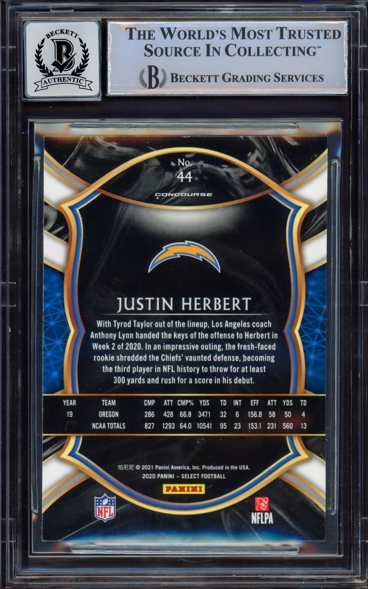 Justin Herbert Autographed 2020 Select Rookie Card #44 Los Angeles Chargers BGS 9 Auto Grade Near Mint/Mint 8 Beckett BAS #15467860