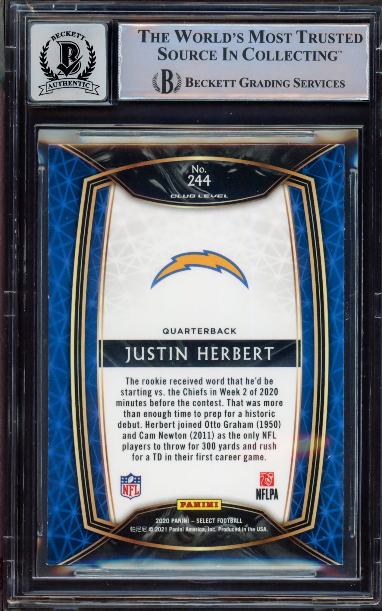 Justin Herbert Autographed 2020 Select Rookie Card #244 Los Angeles Chargers BGS 9 Auto Grade Near Mint/Mint 8 Beckett BAS #15467861