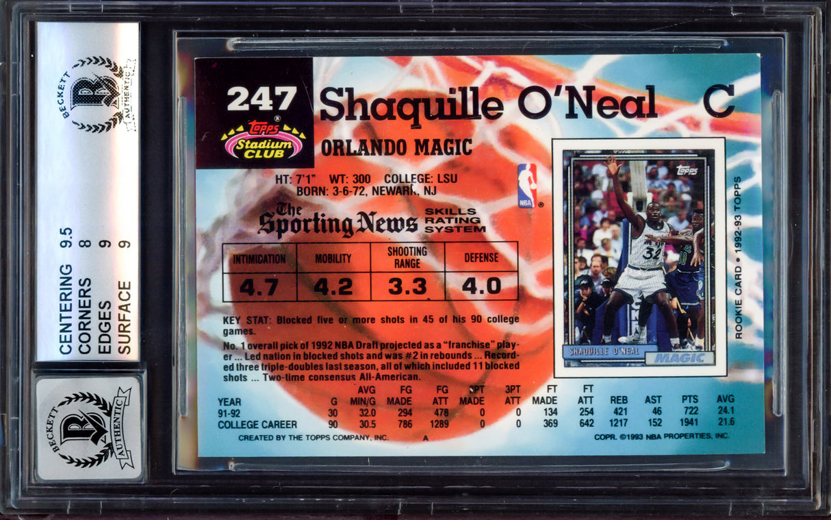 Shaquille Shaq O'Neal Autographed 1992-93 Stadium Club Rookie Card #247 Orlando Magic BGS 8.5 Auto Grade Mint 9 Beckett BAS #15465396