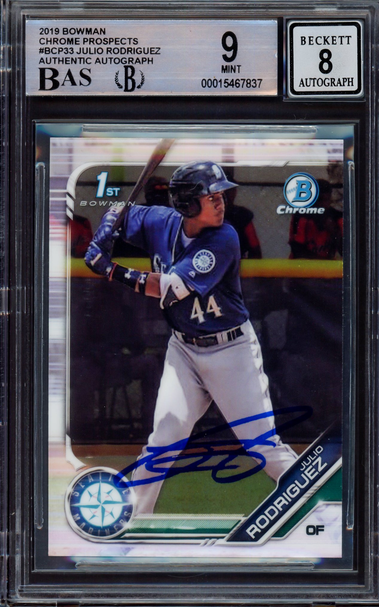 Julio Rodriguez Autographed 2019 Bowman Chrome Prospects Rookie Card #BCP33 Seattle Mariners BGS 9 Auto Grade Near Mint/Mint 8 Beckett BAS #15467837