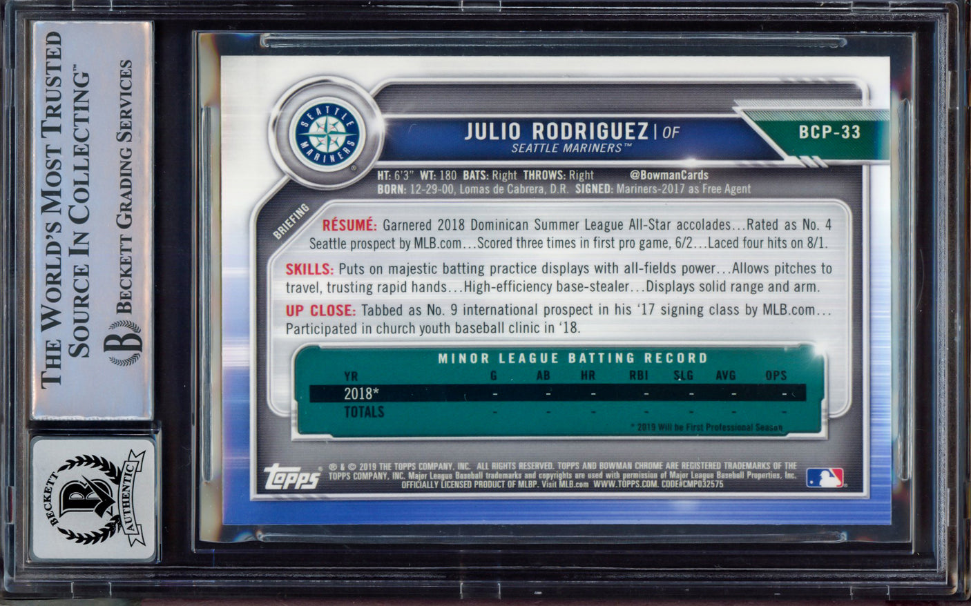 Julio Rodriguez Autographed 2019 Bowman Chrome Prospects Rookie Card #BCP33 Seattle Mariners BGS 9 Auto Grade Near Mint/Mint 8 Beckett BAS #15467837