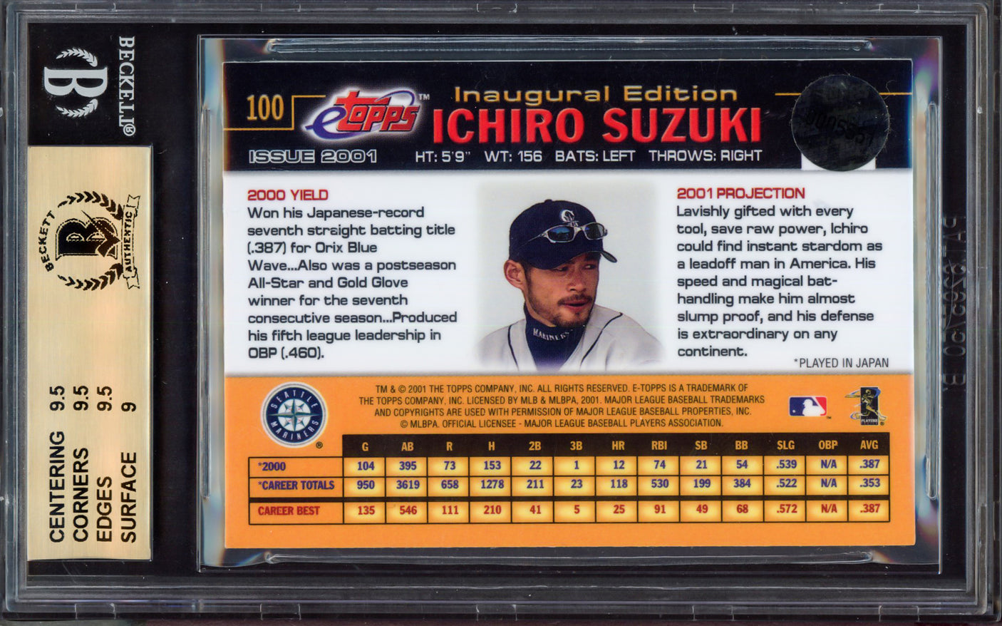 Ichiro Suzuki Autographed 2001 eTopps Rookie Card #100 Seattle Mariners BGS 9.5 "01 AL MVP 01 AL ROY" Highest Graded Beckett BAS #15465317