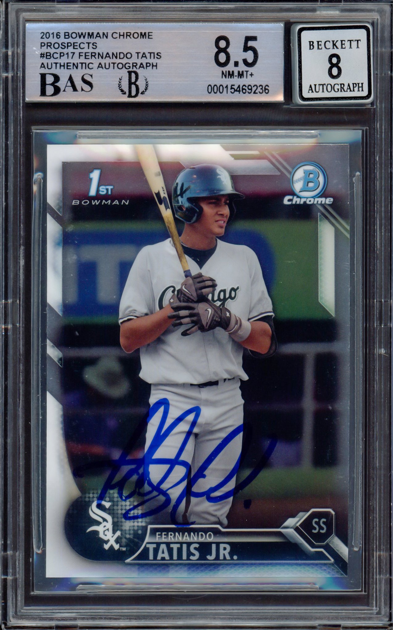 Fernando Tatis Jr. Autographed 2016 Bowman Chrome Prospects Rookie Card #BCP17 San Diego Padres BGS 8.5 Auto Grade Near Mint/Mint 8 Beckett BAS #15469236