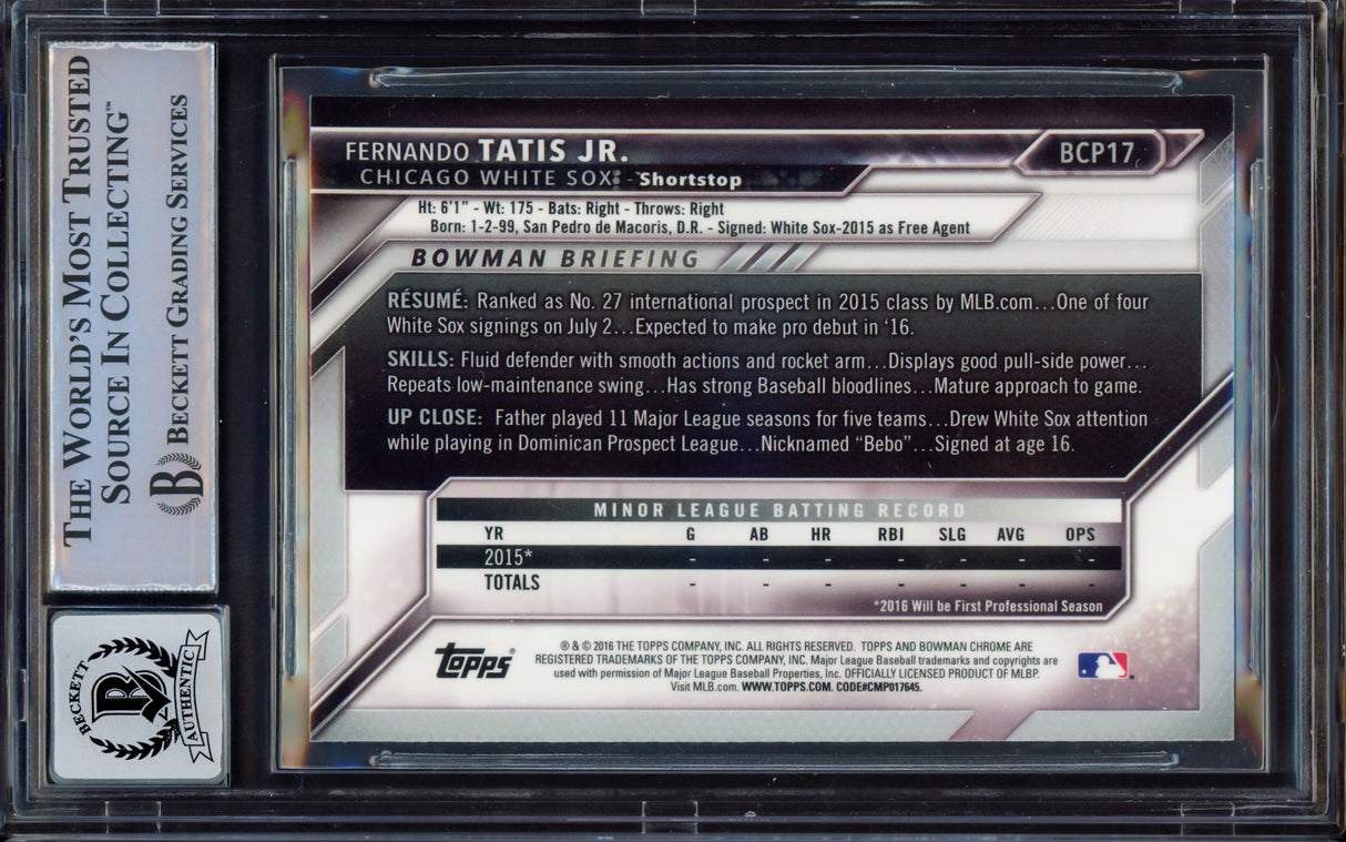 Fernando Tatis Jr. Autographed 2016 Bowman Chrome Prospects Rookie Card #BCP17 San Diego Padres BGS 8.5 Auto Grade Near Mint/Mint 8 Beckett BAS #15469236