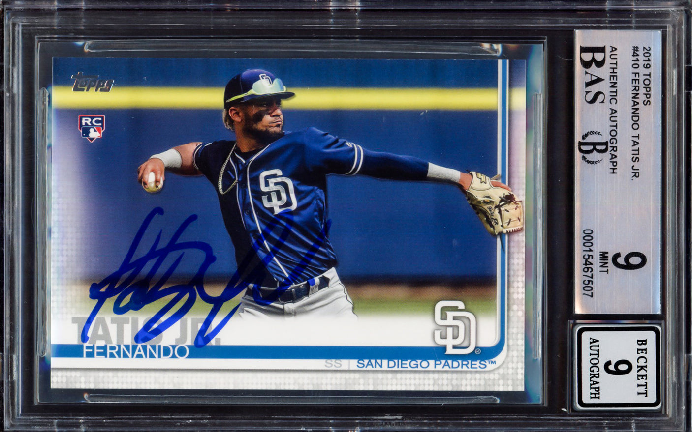 Fernando Tatis Jr. Autographed 2019 Topps Rookie Card #410 San Diego Padres BGS 9 Auto Grade Mint 9 Beckett BAS #15467507